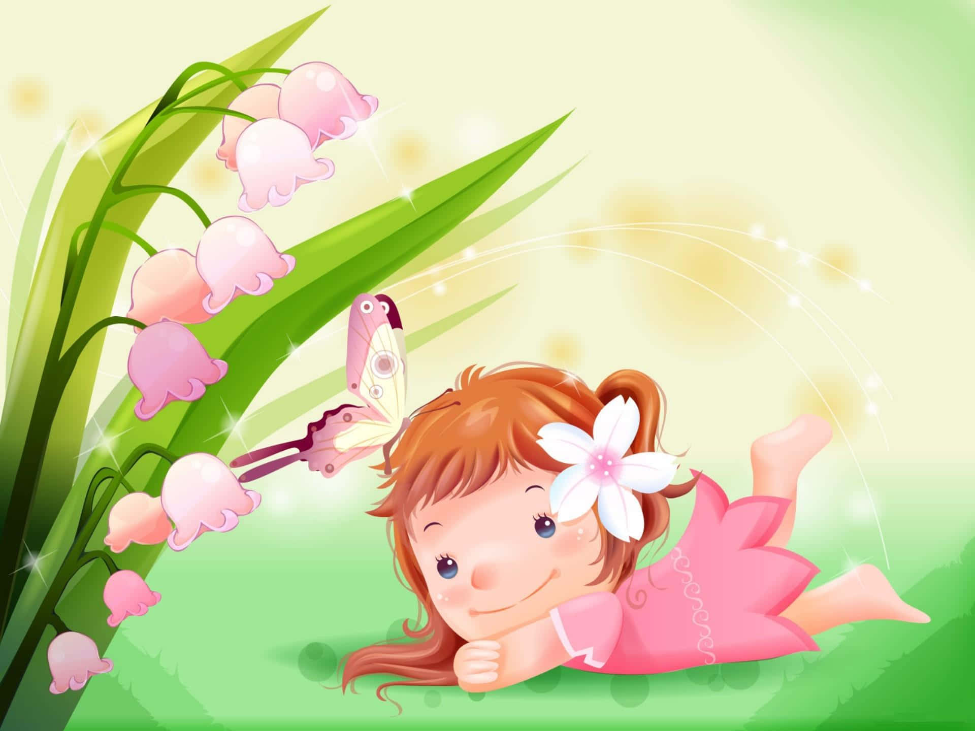 Cute Animations 桌布 壁紙 — 一個穿著粉紅色連衣裙的快樂卡通女孩躺在草地上，旁邊有鈴蘭花，附近有一隻蝴蝶翩翩起舞。