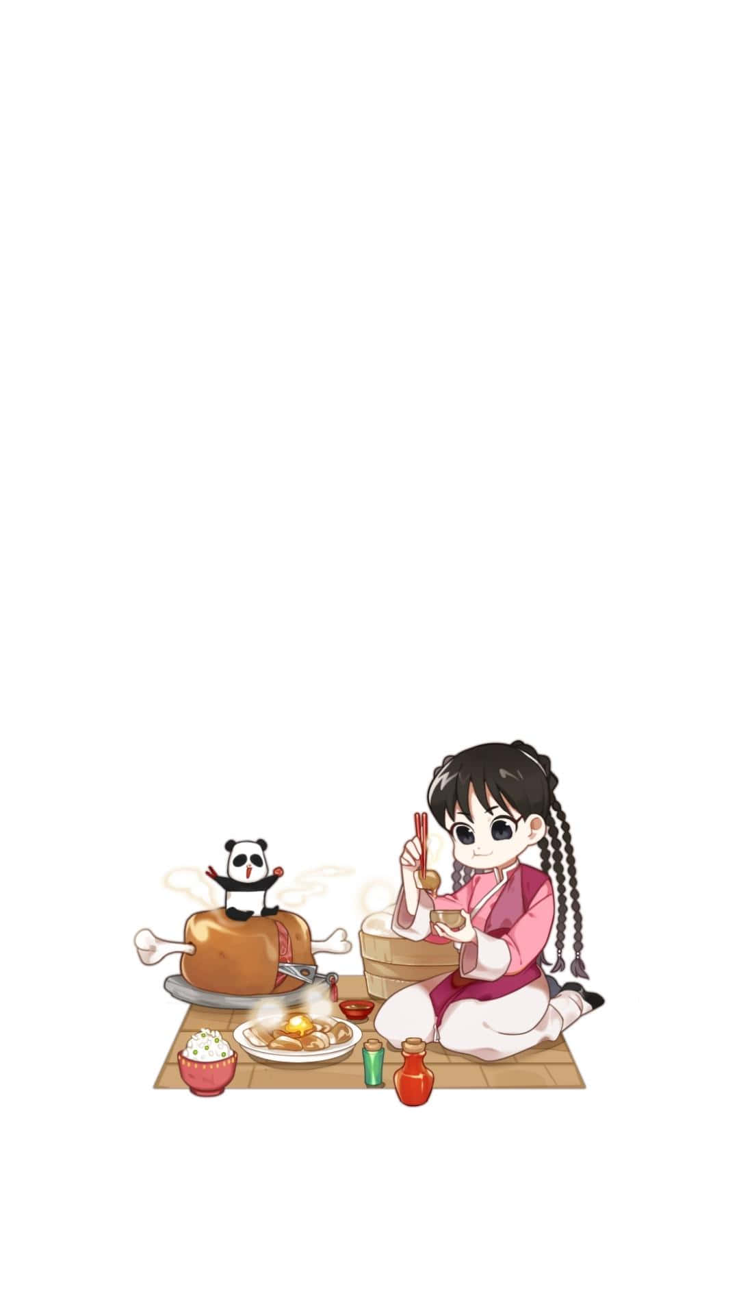 May Chang 桌布 壁紙 — 一個穿著粉紅色長袍的可愛動漫女孩，在旁邊的烤火雞上與一隻小熊貓廚師一起吃麵條。
