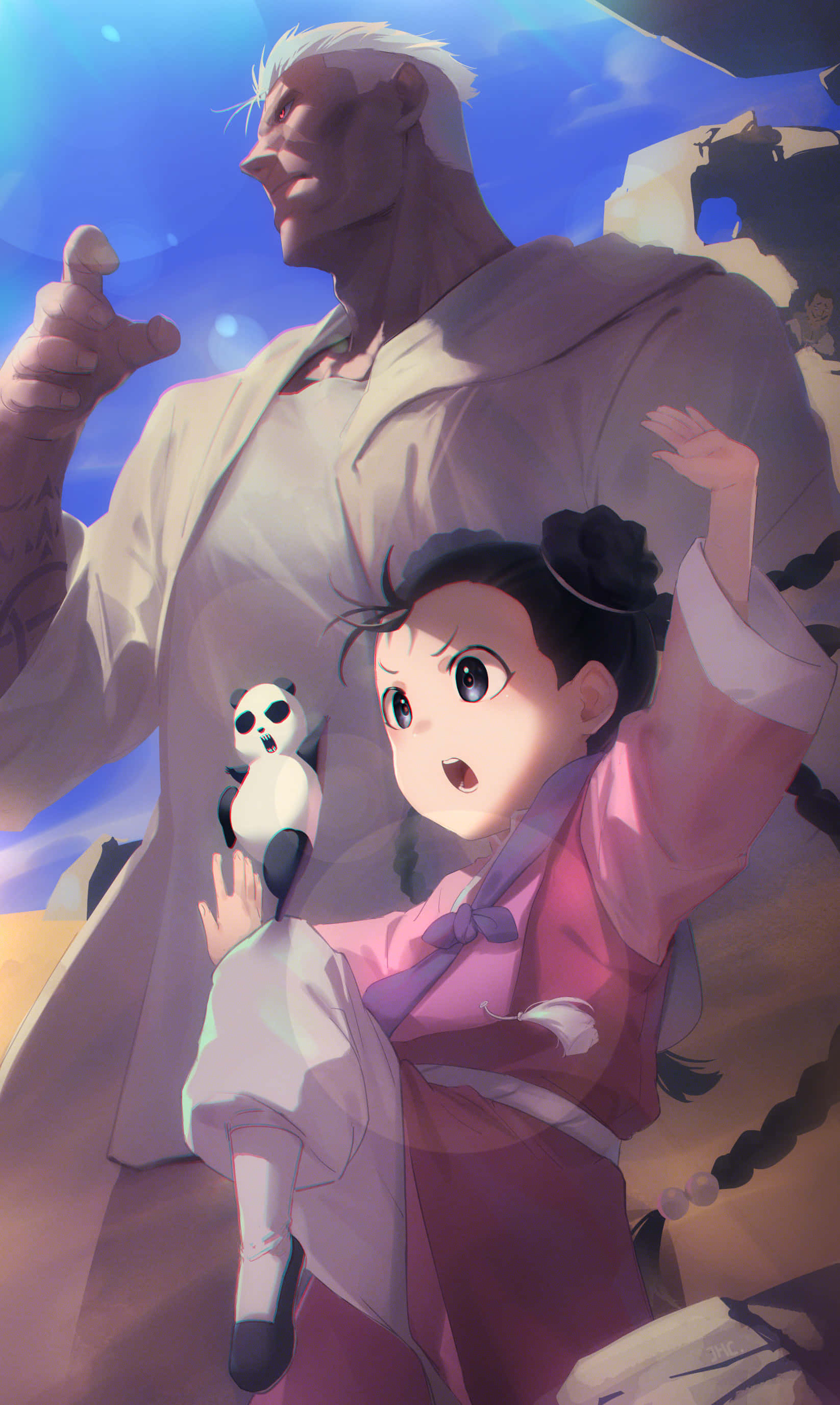 Fullmetal Alchemist Scar 桌布 壁紙 — 一個穿著粉紅色長袍的小女孩緊抱著一個熊貓毛絨玩具，而一個高大的白髮男子正對著破碎的天空做出保護性的手勢。