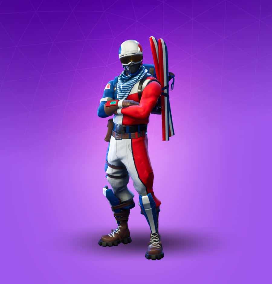 Fortnite Skins Battle Royale 桌布 壁紙 — 一個穿著紅、藍、白滑雪裝備的Fortnite角色，在紫色漸變背景前自信地交叉雙臂站立。
