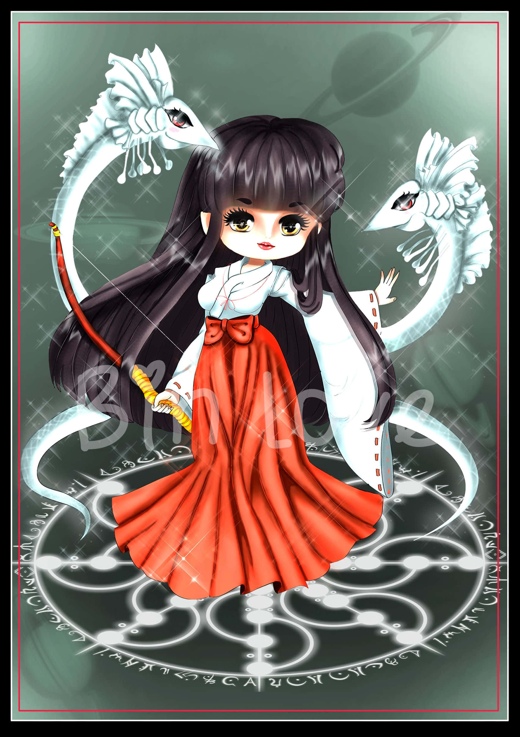 Inuyasha And Kikyo 桌布 壁紙 — 一個穿著紅白服裝的Q版動漫女孩站在一個發光的魔法圓圈上，兩側有兩條白色骷髏蛇。