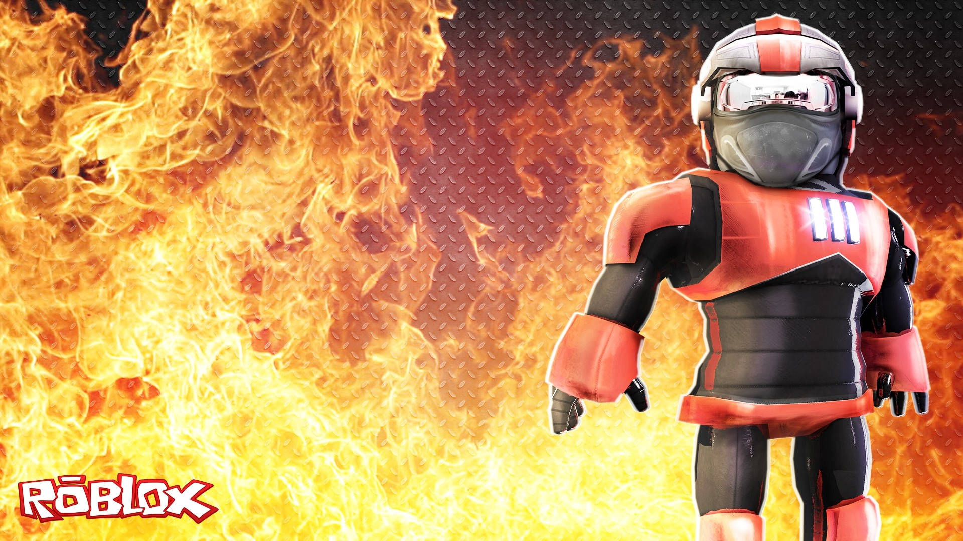 型格Roblox 桌布 壁紙 — 一個穿著紅色和黑色盔甲的Roblox虛擬角色，在鑽石板背景前挑釁地站在咆哮的火牆前。