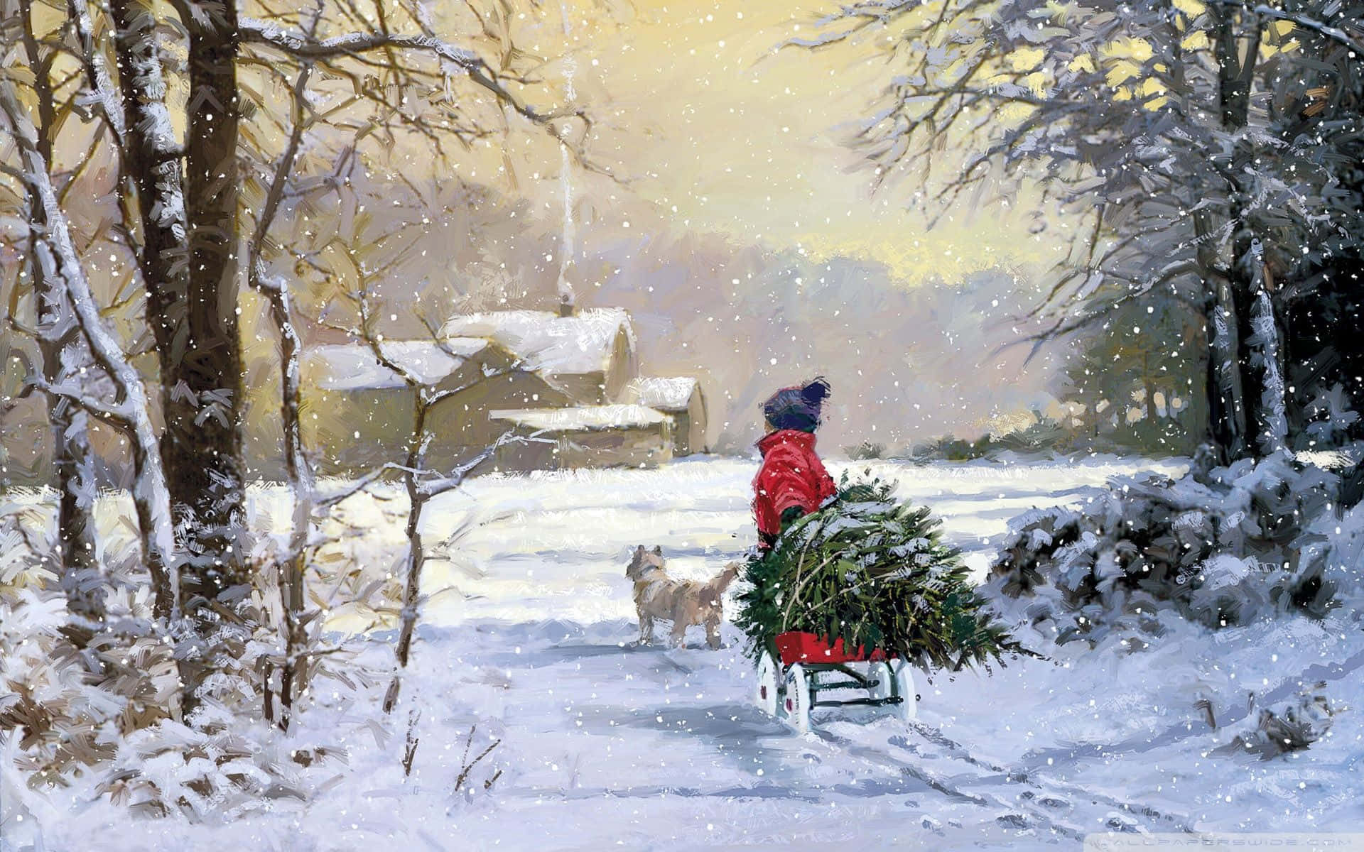 Winter Art 桌布 壁紙 — 一個穿著紅色外套的小孩拉著雪橇，上面載著聖誕樹，穿過白雪覆蓋的森林小徑，朝遠處的房子走去。