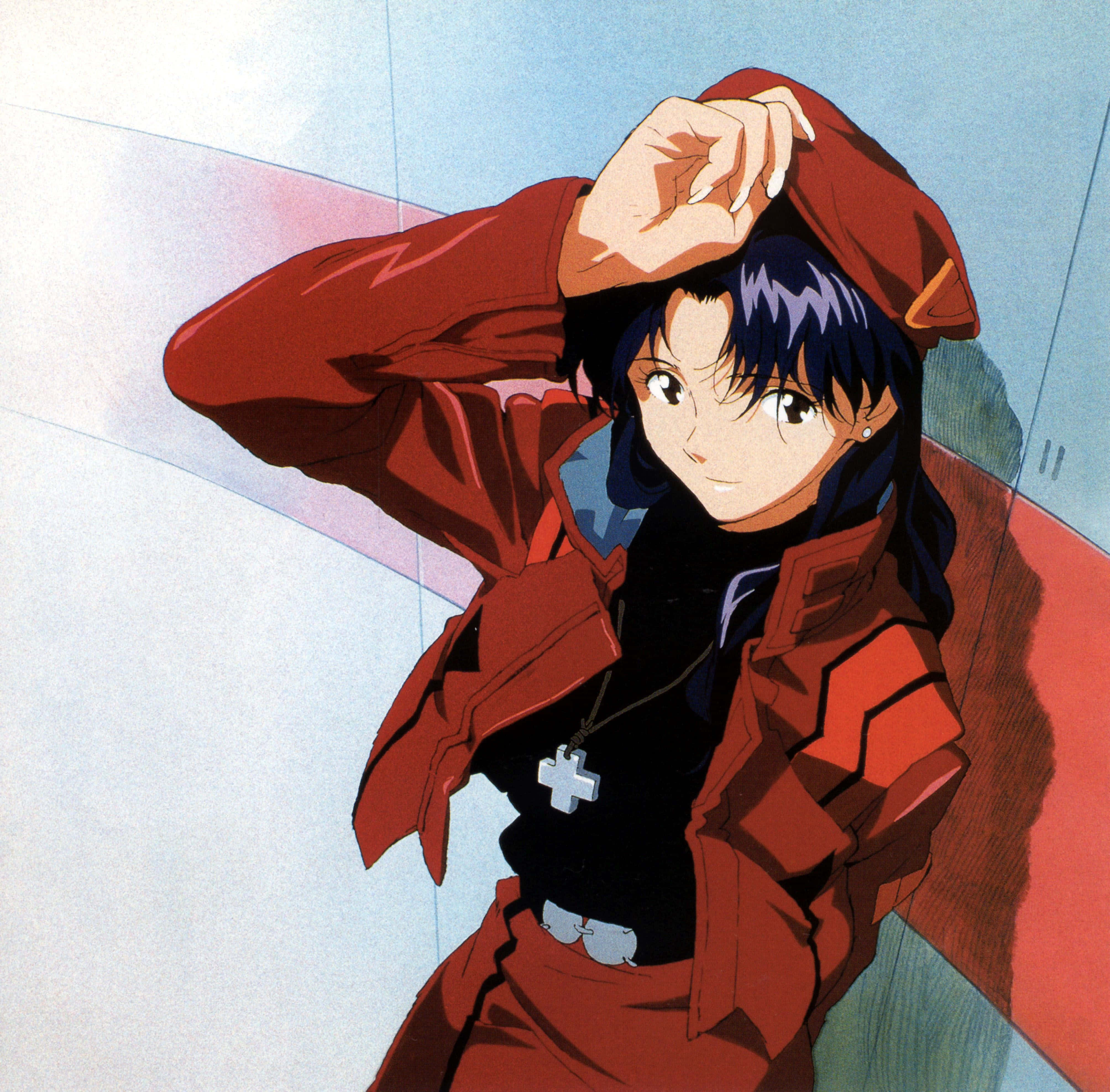 Misato Katsuragi 桌布 壁紙 — 一個穿著紅色外套的年輕動漫女孩，在柔和的藍色和粉紅色背景下，拉起帽子，抬頭露出溫柔的微笑。