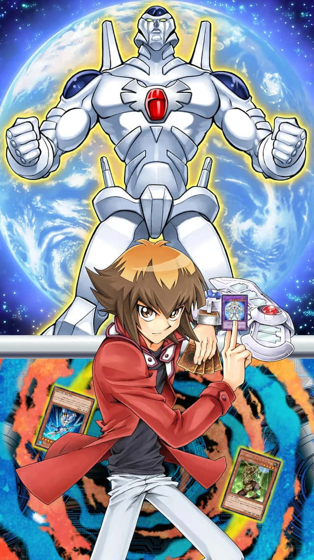 Jaden Yuki 桌布 壁紙 — 一個穿著紅色外套的年輕動漫男孩，在旋轉的藍色星球背景下，於巨大的銀色機械人前手持決鬥卡。