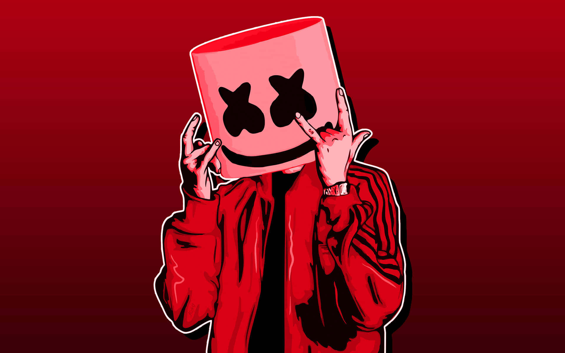 Marshmello 桌布 壁紙 — 一個穿著紅色外套的風格化人物，在漸變紅色背景前拿著一個有黑色眼睛和微笑的粉紅色棉花糖面具。