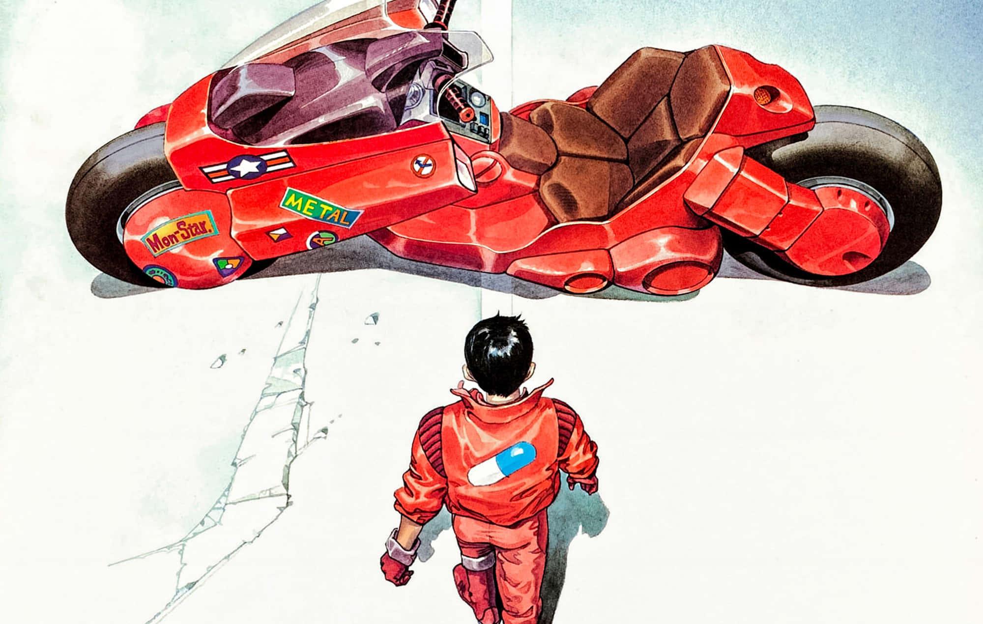 Red Coat 桌布 壁紙 — 一個穿著紅色套裝的小孩抬頭看著一輛懸浮在龜裂地面上的巨大紅色未來感電單車。