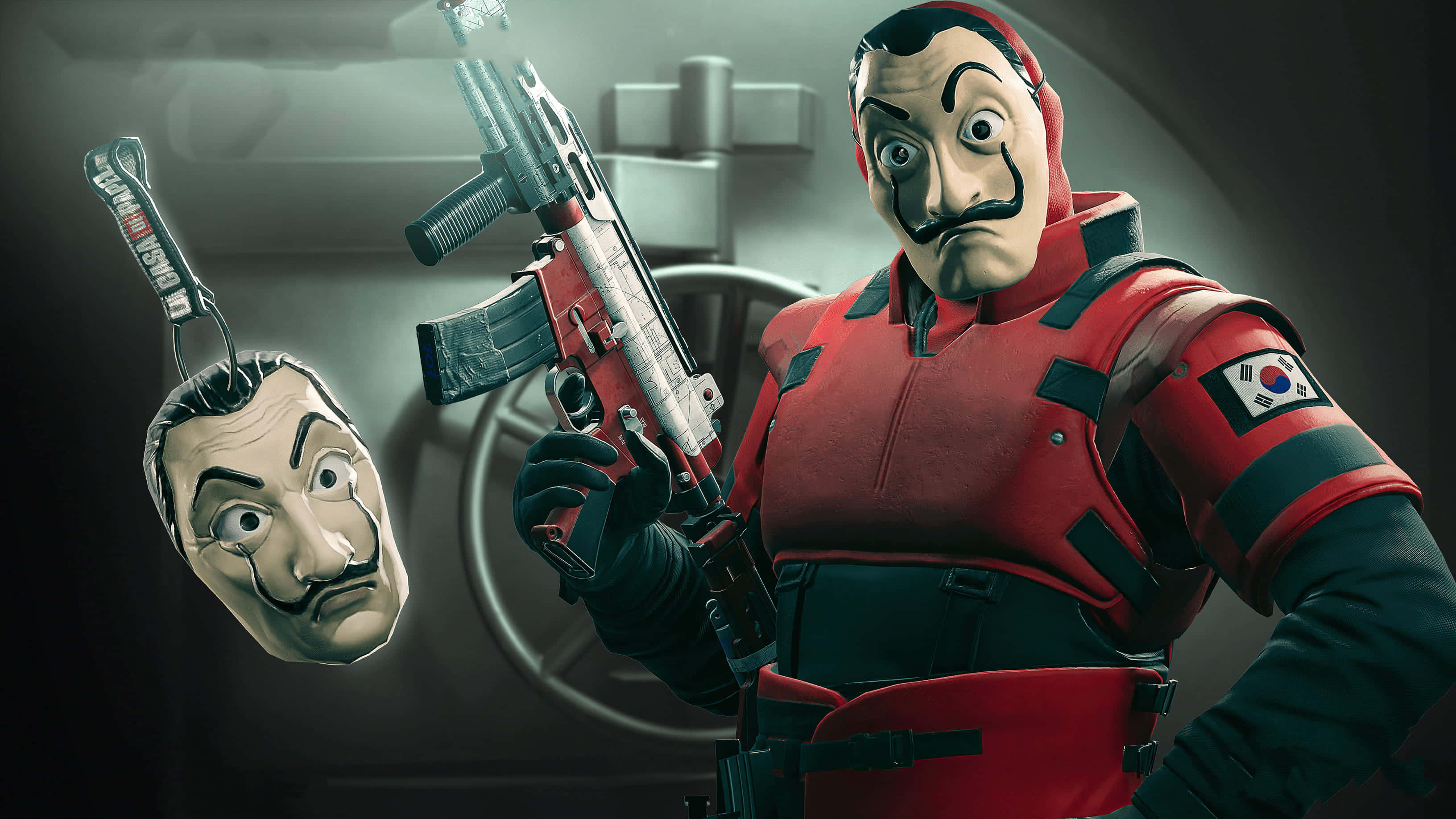Money Heist 桌布 壁紙 — 一個穿著紅色戰術服的角色的工業環境中持步槍，旁邊懸掛著一個達利面具，光線昏暗。