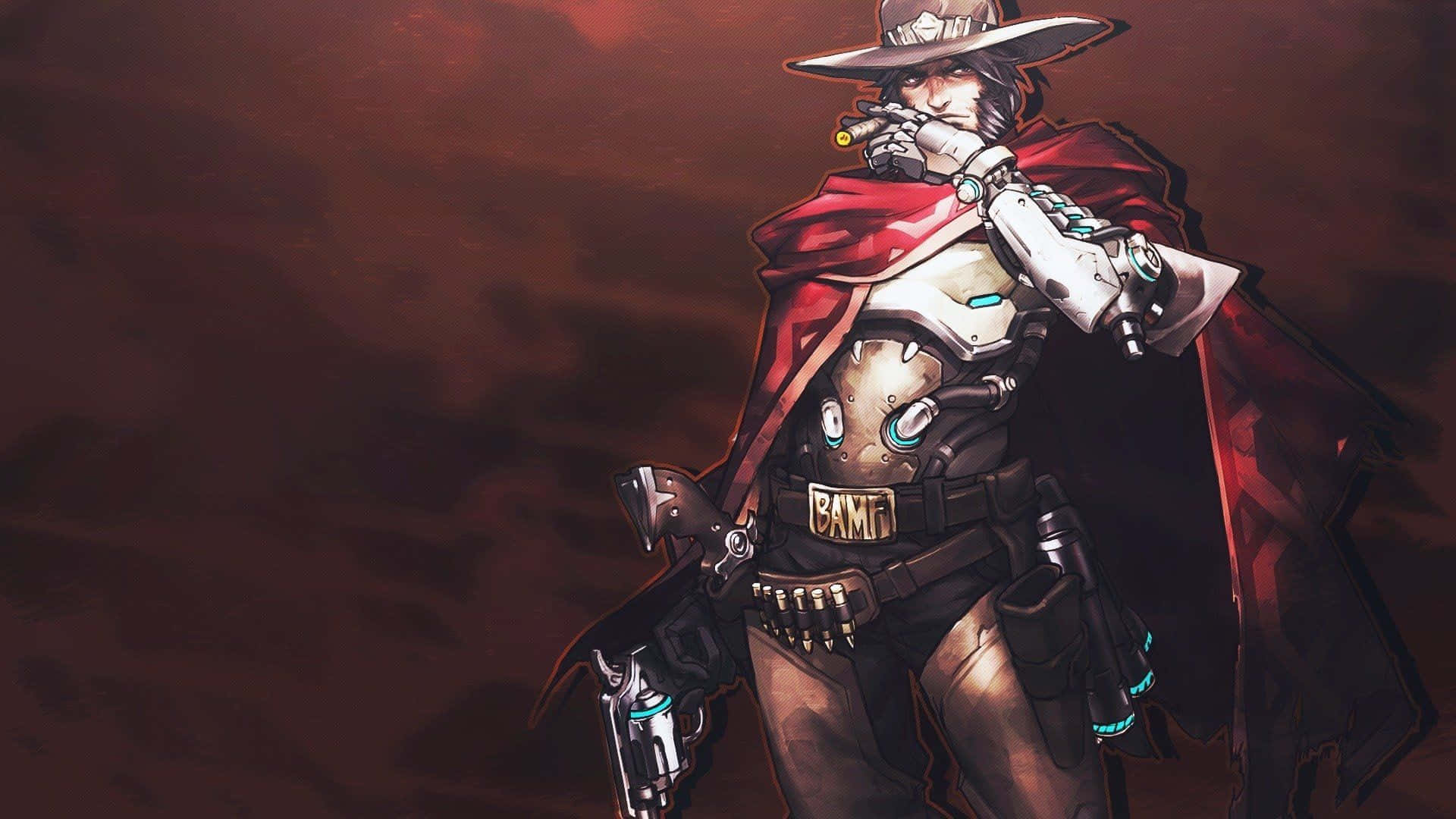 Overwatch Mccree 桌布 壁紙 — 一個穿著紅色斗篷和帽子的賽博龐克牛仔，在深紅色的天空下抽著雪茄，手持未來風格的左輪手槍。