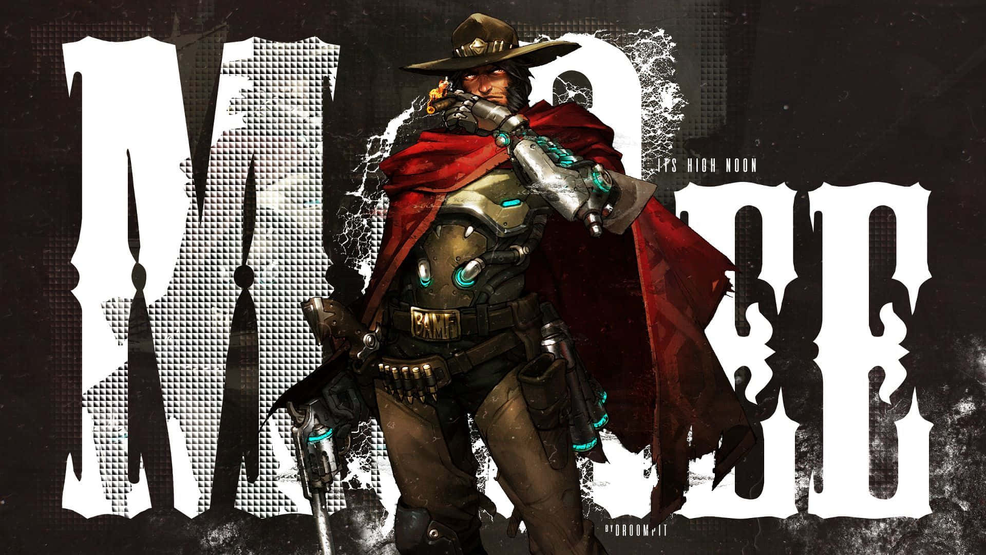 Overwatch Mccree 桌布 壁紙 — 一個穿著紅色斗篷和未來裝備的賽博龐克牛仔，挑釁地站在一個粗獷、風格化的「MORSE」背景前。