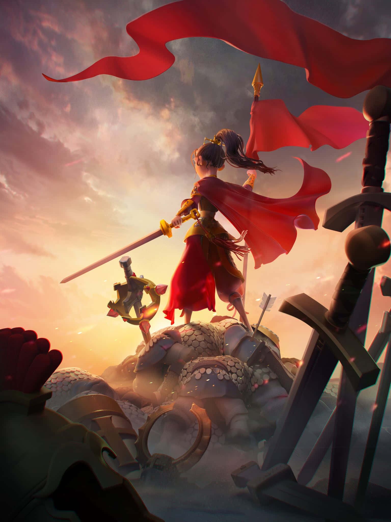 Kingdom 桌布 壁紙 — 一個穿著紅色斗篷的戰士女孩站在一堆劍和盔甲上，背景是戲劇性的日落天空。