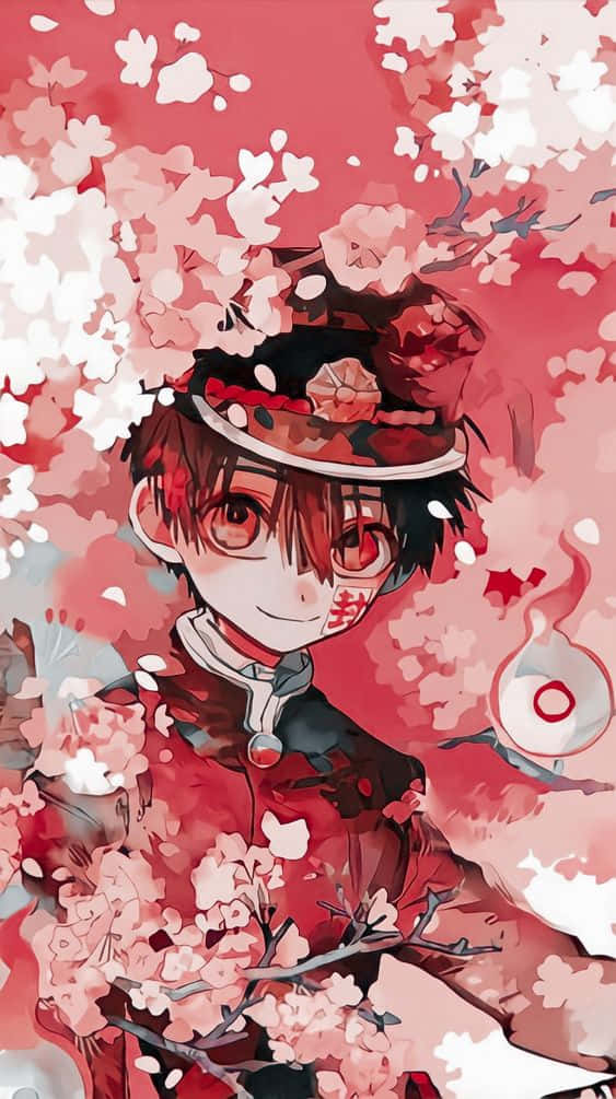 花子君 桌布 壁紙 — 一個穿著紅色服裝的年輕動漫男孩在鮮豔的紅色天空下，在粉紅櫻花瀑布中微笑。