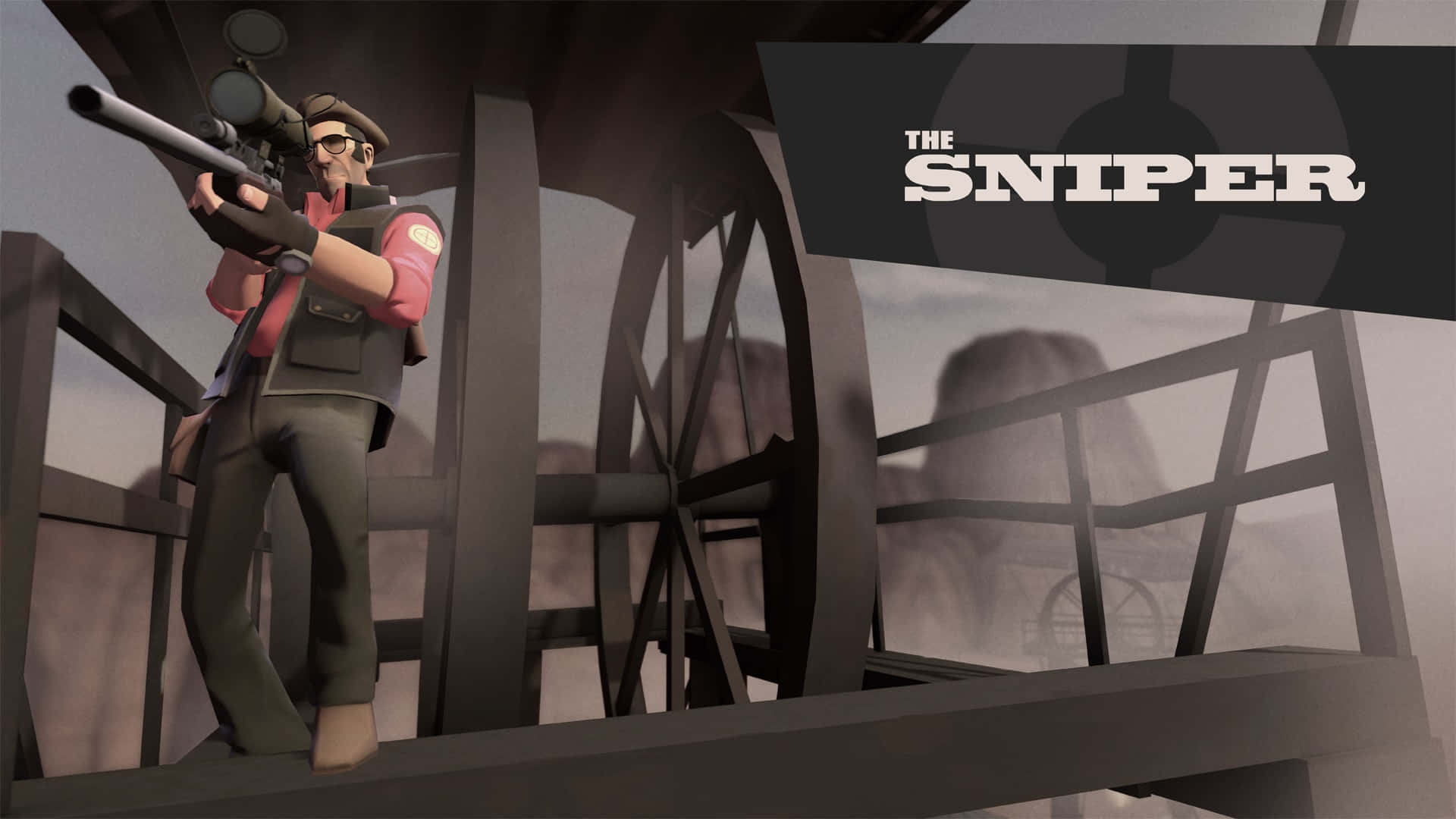 Team Fortress 2 Characters 桌布 壁紙 — 一個穿著紅色背心的卡通狙擊手從金屬塔上用瞄準鏡步槍瞄準，並帶有 'THE SNIPER' 標題覆蓋層。