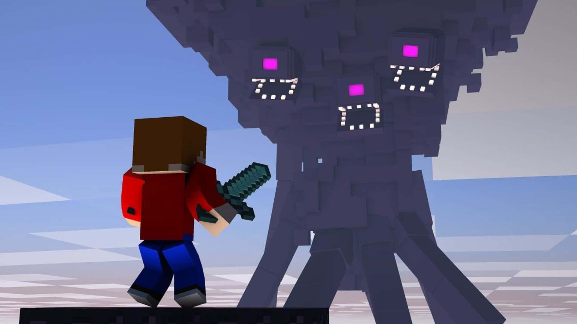 Minecraft Wither 桌布 壁紙 — 一個穿著紅色衫嘅像素化Minecraft玩家喺方塊地形上面對住一隻發光眼嘅高大紫色Enderman。