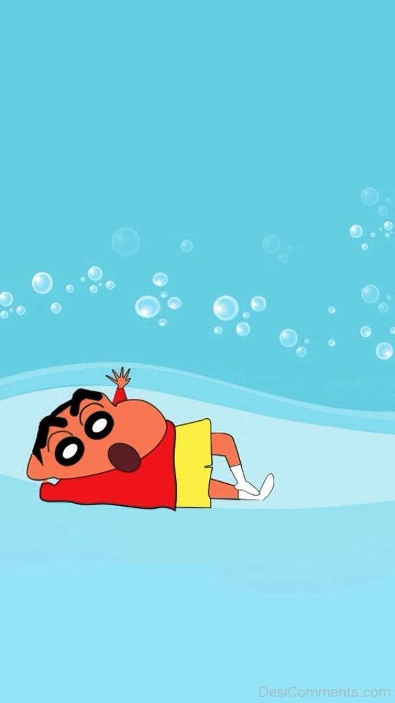 搞笑動漫GIF 桌布 壁紙 — 一個穿著紅色襯衫和黃色短褲的卡通男孩躺在水下，周圍有氣泡升起，背景是淺藍色。