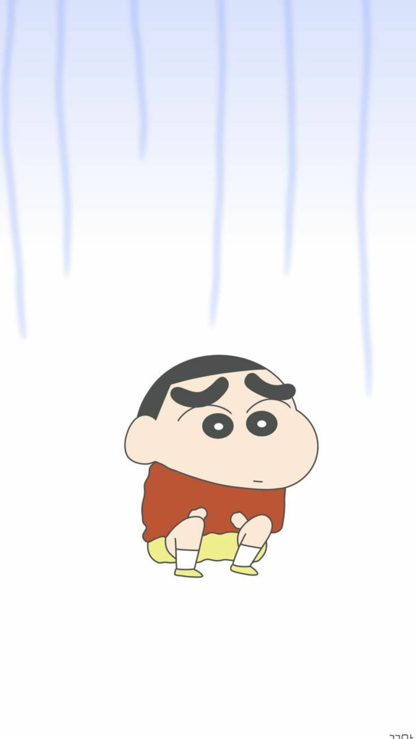 shinchan 桌布 壁紙 — 一個穿著紅色襯衫和黃色短褲的卡通男孩獨自坐在白色背景上落下的藍色雨滴下。