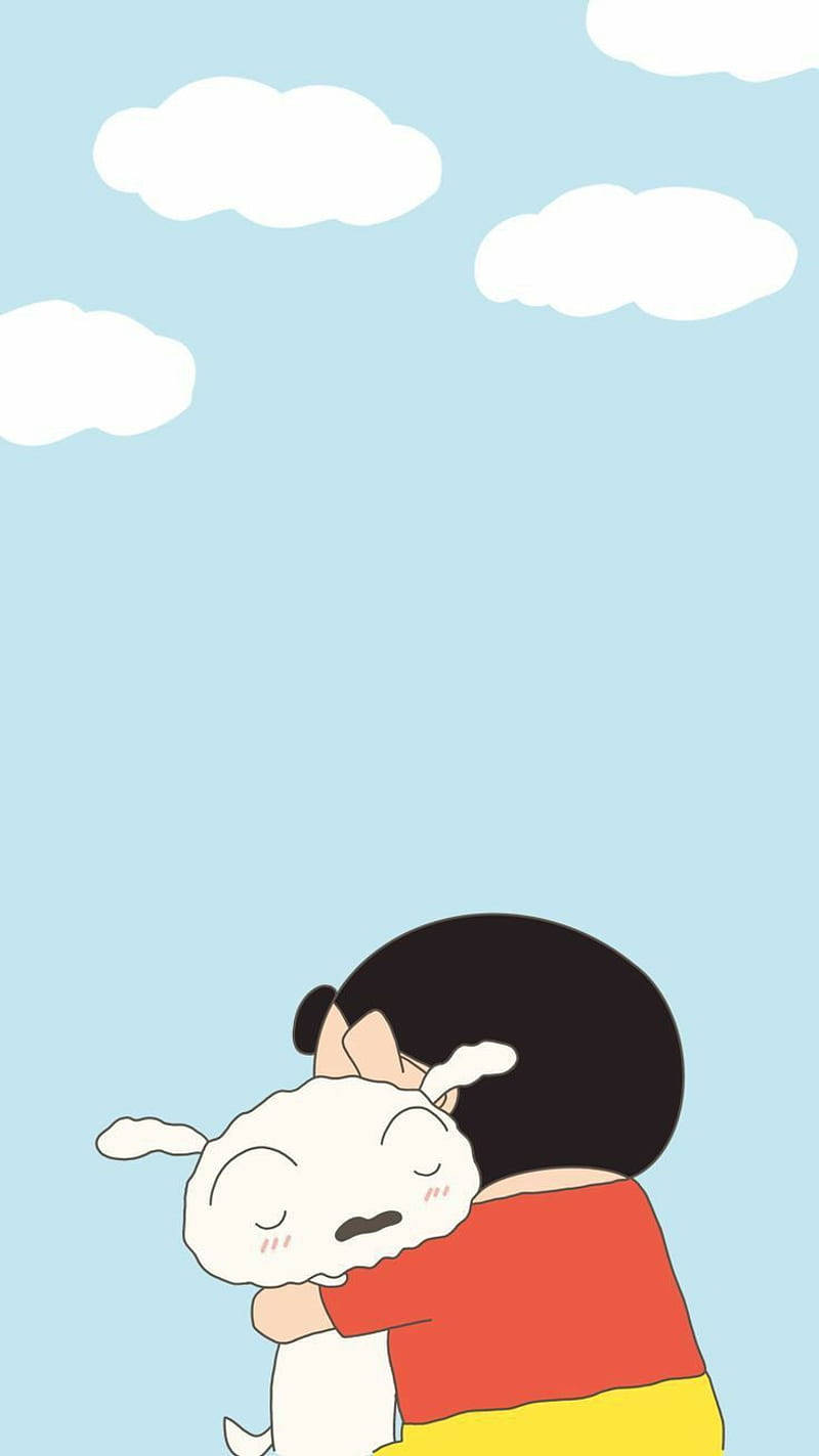 shin chan iPhone 桌布 壁紙 — 一個穿著紅色襯衫的卡通女孩在淺藍色天空下抱著一隻白色的狗，天空中有蓬鬆的雲朵。