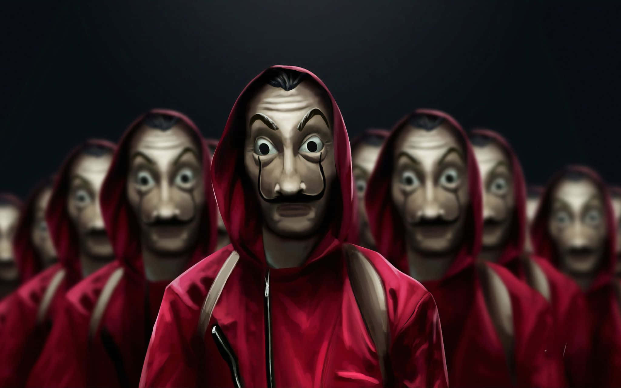 Money Heist 桌布 壁紙 — 一個穿著紅色連帽衫、戴著薩爾瓦多·達利面具的威脅性人物站在正中央，被一群戴著相同面具的人物包圍在黑暗虛空中。
