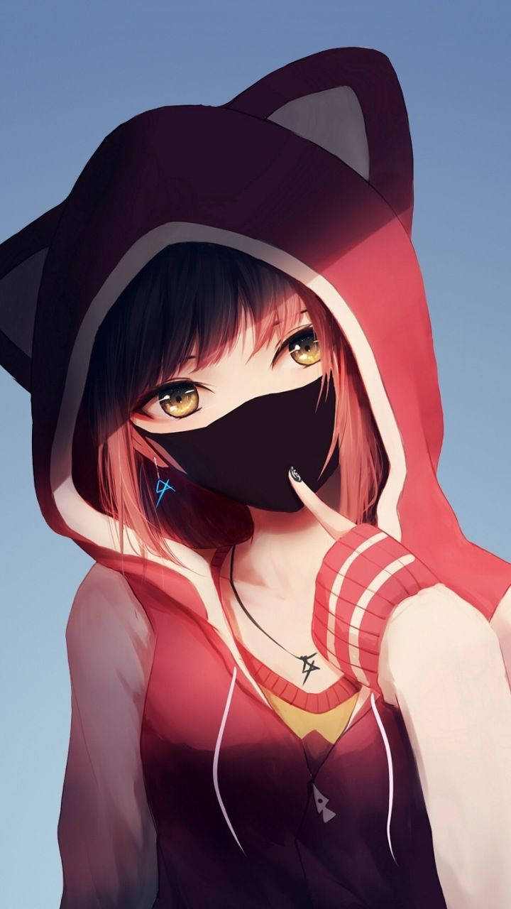 Anime Girl Phone 桌布 壁紙 — 一個穿著紅色連帽衫、戴著貓耳和黑色口罩的年輕動漫女孩，溫柔地凝視著清澈的藍天。