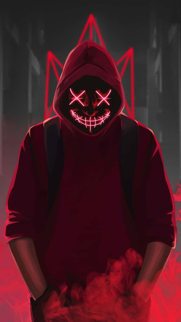 Red Hoodie 桌布 壁紙 — 一個穿著紅色連帽衫、擁有發光螢光粉紅X眼睛和縫合笑容的威脅人物，站在煙霧瀰漫的黑暗中，背後有一個紅色幾何符號。