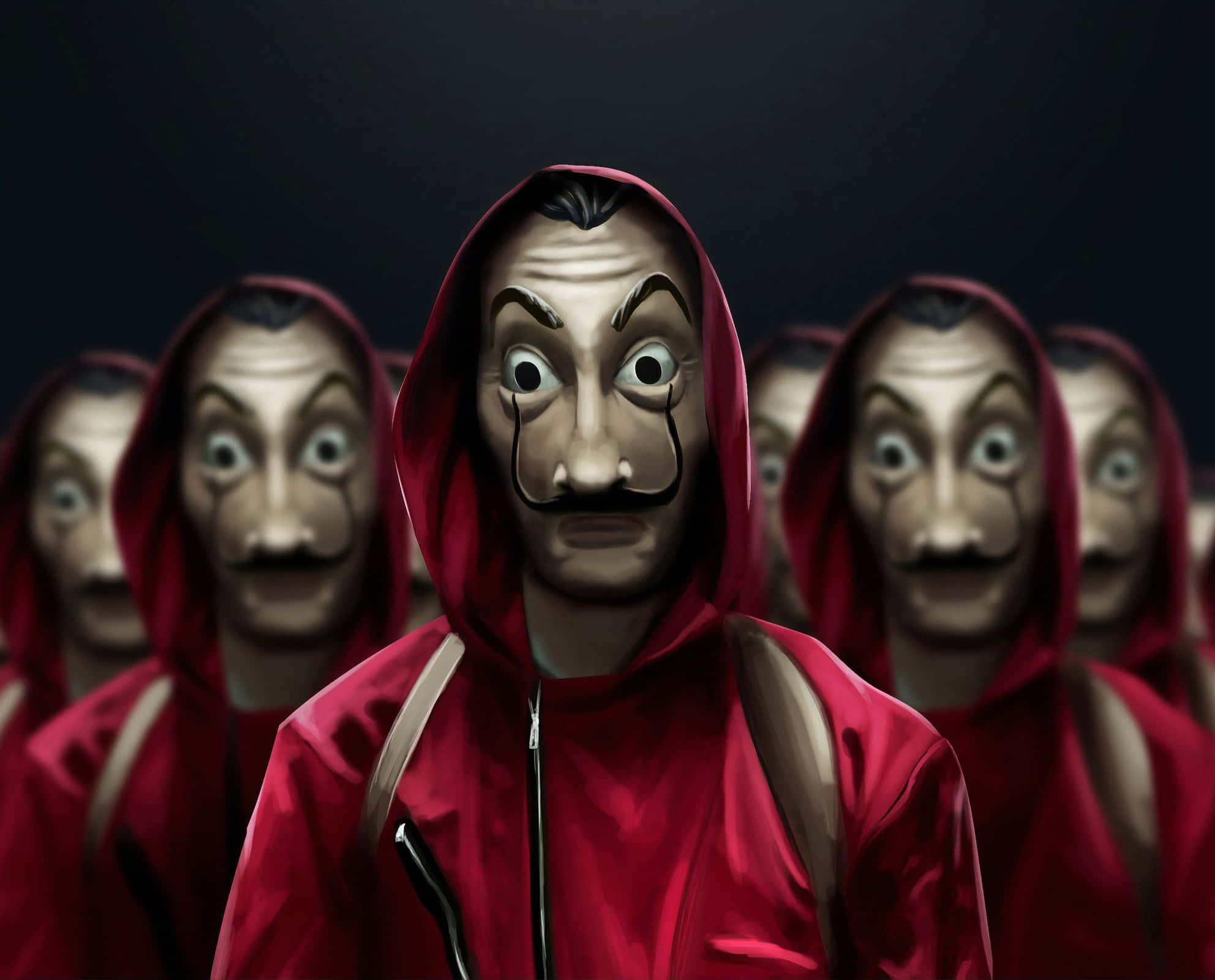 Money Heist 桌布 壁紙 — 一個穿著紅色連帽衫和標誌性面具的威脅性人物站在中央前方，周圍環繞著相同面具的人物，處於黑暗陰森的環境中。