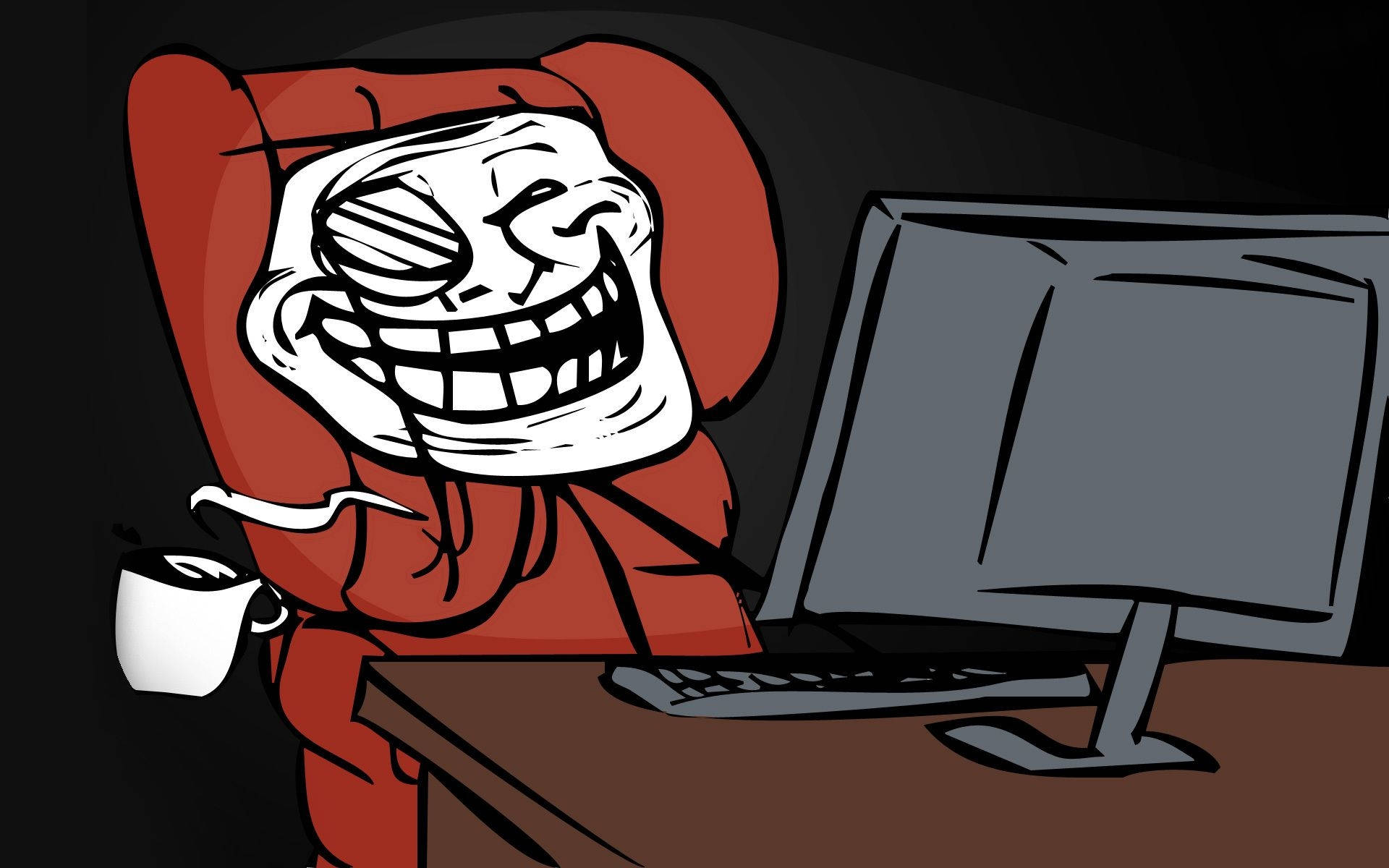 Troll Face 壁紙 — 一個穿著紅色連帽衫的卡通巨魔對著電腦狂笑，旁邊放著一杯冒著熱氣的咖啡。