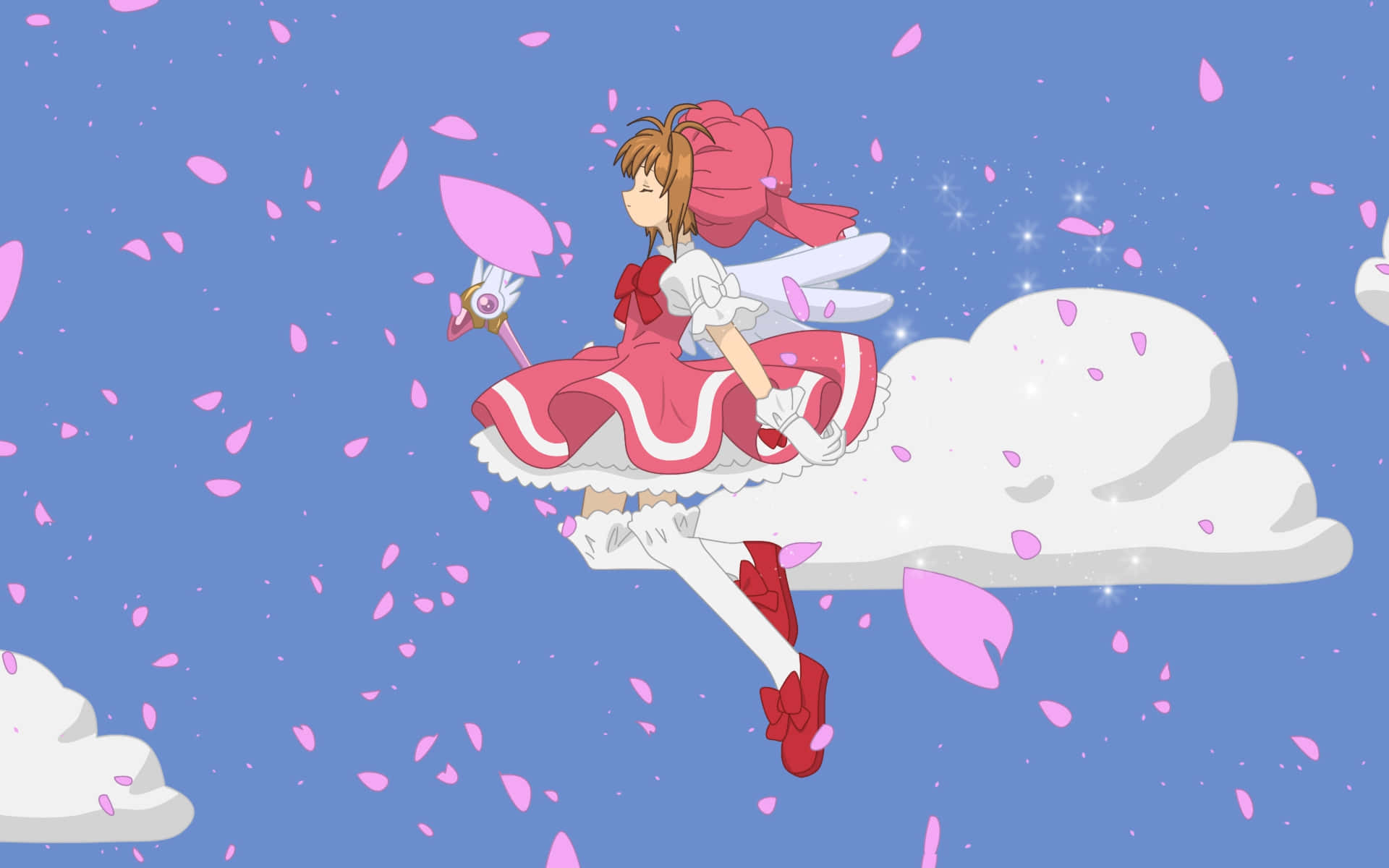 'A Magical Adventure Awaits' 壁紙 — 一個穿著紅色連衣裙、長著翅膀的女孩在星空藍天下飄浮在雲端之上，周圍有粉紅色的櫻花飄落。