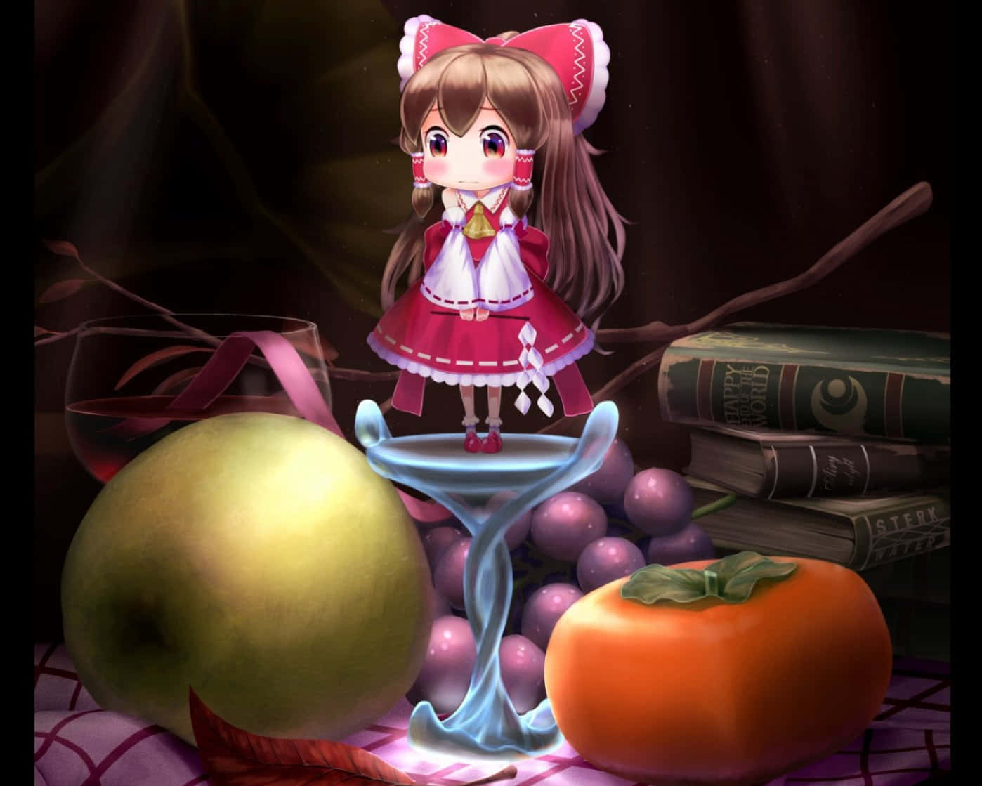 Kawaii Fruit 桌布 壁紙 — 一個穿著紅色連衣裙的Q版動漫女孩站在一個發光的藍色馬提尼酒杯上，周圍環繞著水果、書籍和葡萄酒。