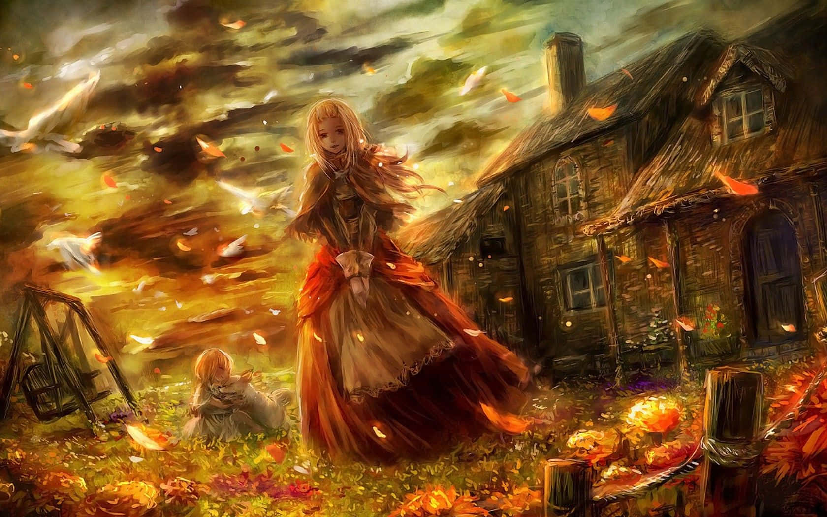 Fantasy Anime 桌布 壁紙 — 一個穿著紅色連衣裙的女孩站在金色的秋天田野裡，落葉和白鳥在她周圍盤旋，附近有一座質樸的房子。