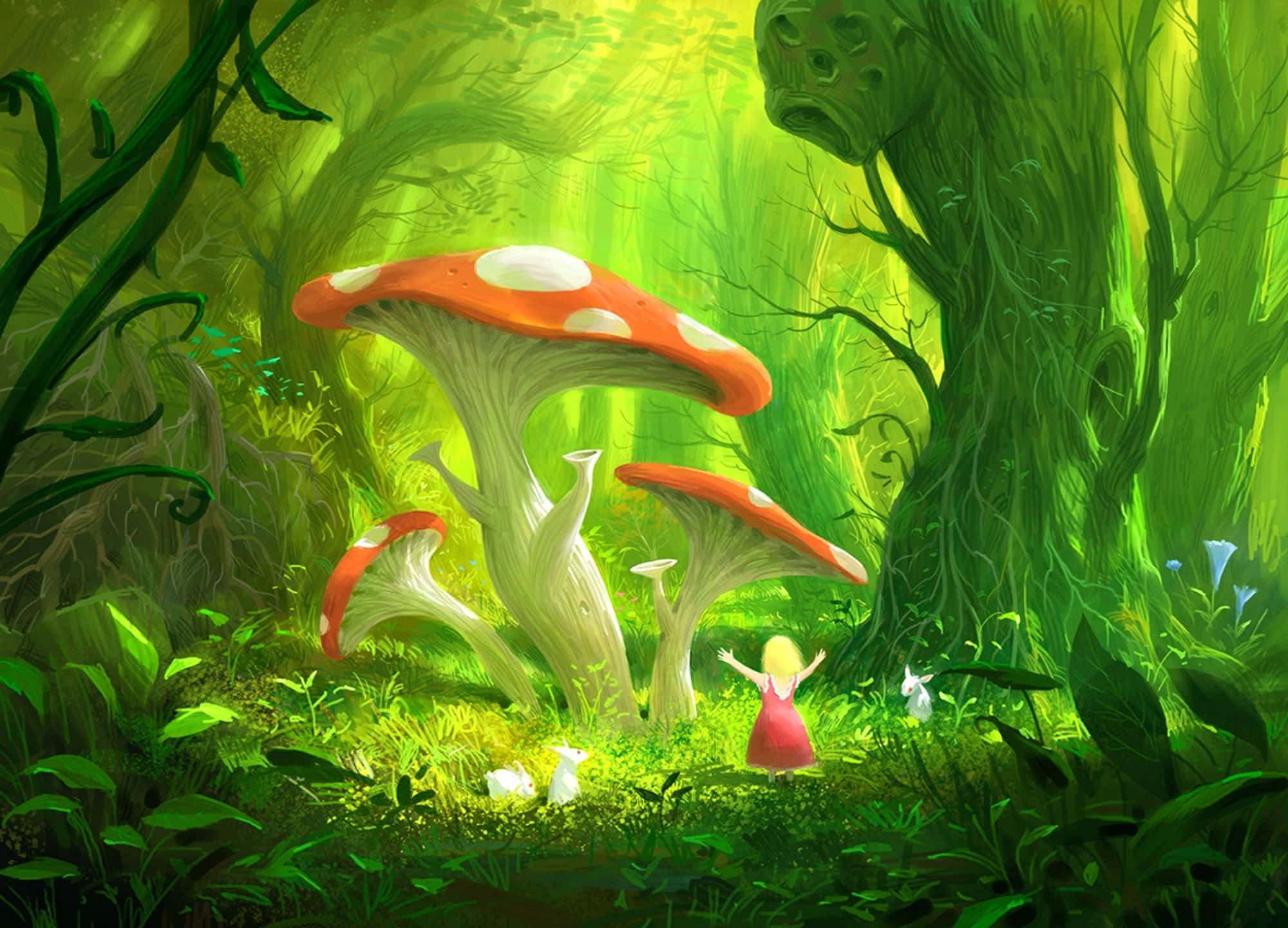 Kawaii Mushroom 桌布 壁紙 — 一個穿著紅色連衣裙的孩子在陽光明媚、鬱鬱蔥蔥的綠色森林中，站在巨大的紅白蘑菇之間，充滿敬畏。