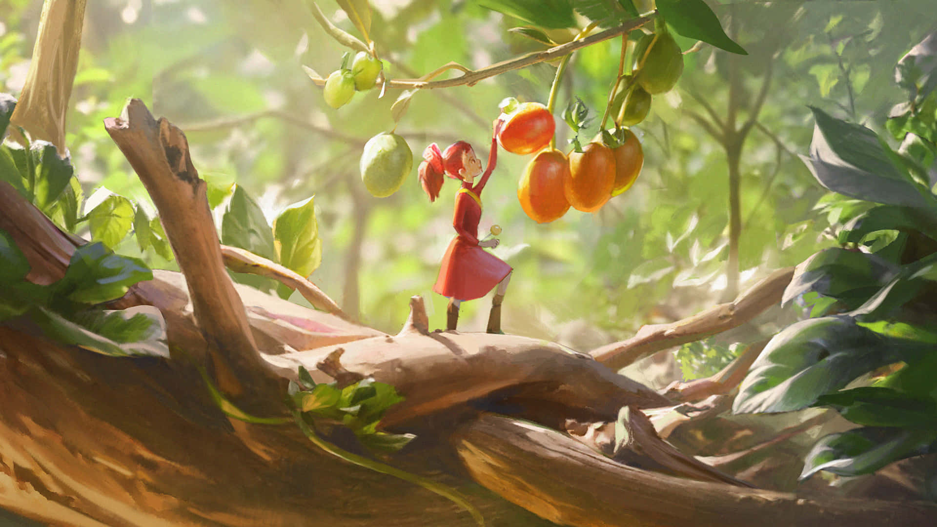 The Secret World Of Arrietty 桌布 壁紙 — 一個穿著紅色連衣裙的小女孩站在陽光照耀的樹枝上，伸手去夠茂密綠葉中發光的橙色果實。