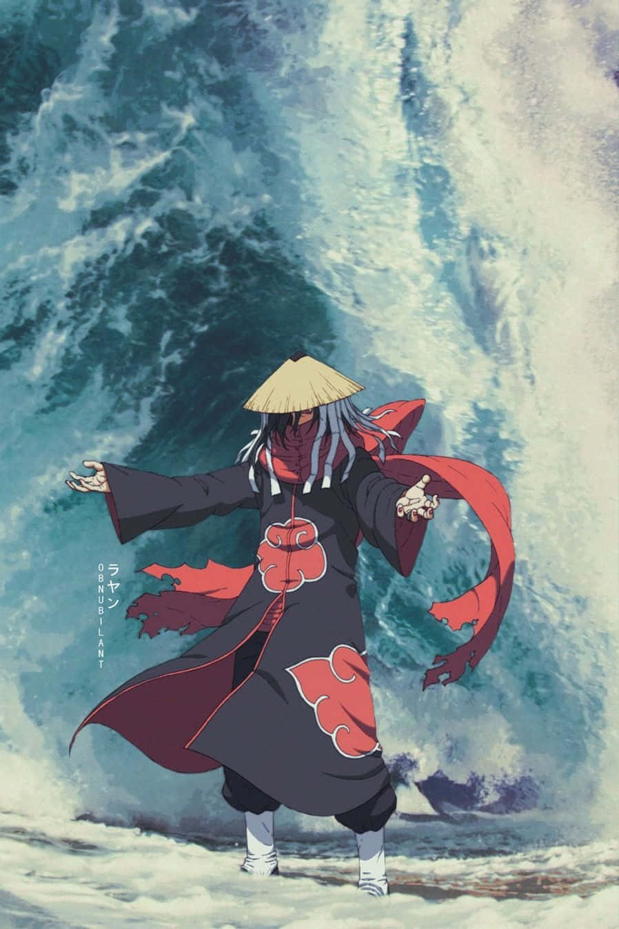 Akatsuki Hat 桌布 壁紙 — 一個穿著紅色雲斗篷的動漫角色，張開雙臂站在巨大的破碎海浪前。