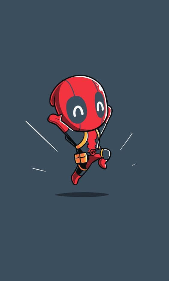 Deadpool Cartoon 桌布 壁紙 — 一個穿著紅黑色戰衣的Q版死侍，在純深灰色背景上配合動態線條動態跳躍。