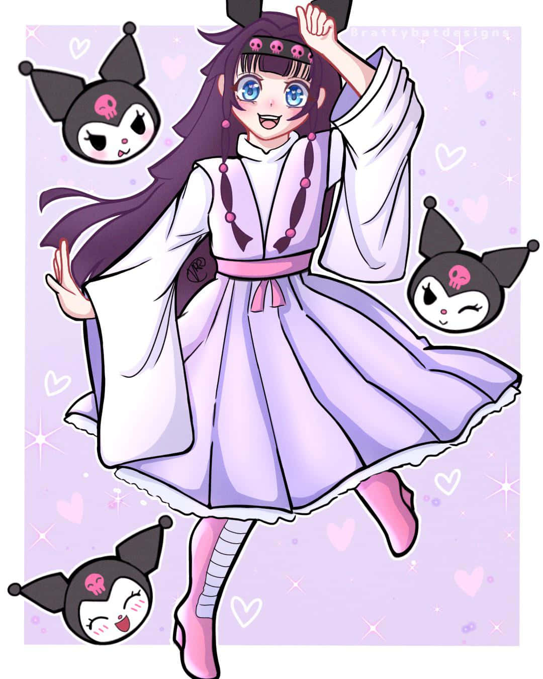 Kuromi Fanart 桌布 壁紙 — 一個穿著紫色和服的開朗動漫女孩，在閃閃發光的薰衣草背景前與三個漂浮的Kuromi角色跳舞。
