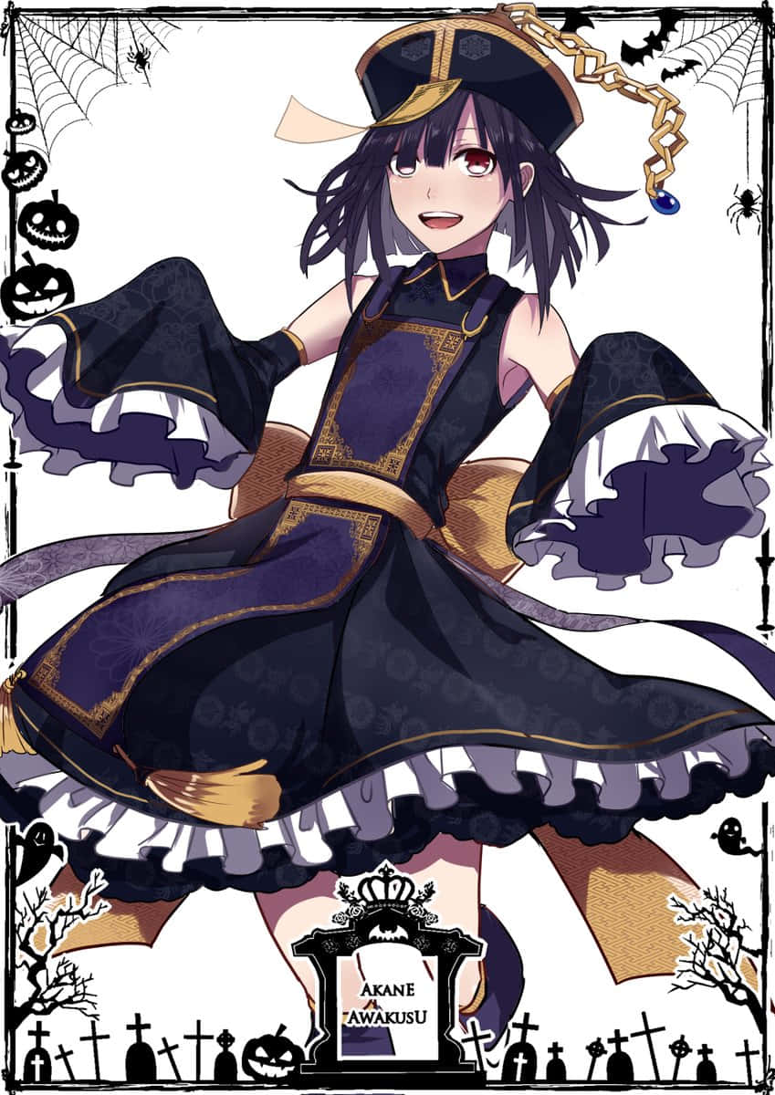 Akane Awakusu 桌布 壁紙 — 一個穿著紫色和金色萬聖節連衣裙的開朗動漫女孩在蜘蛛網、南瓜和墓碑之間跳舞。
