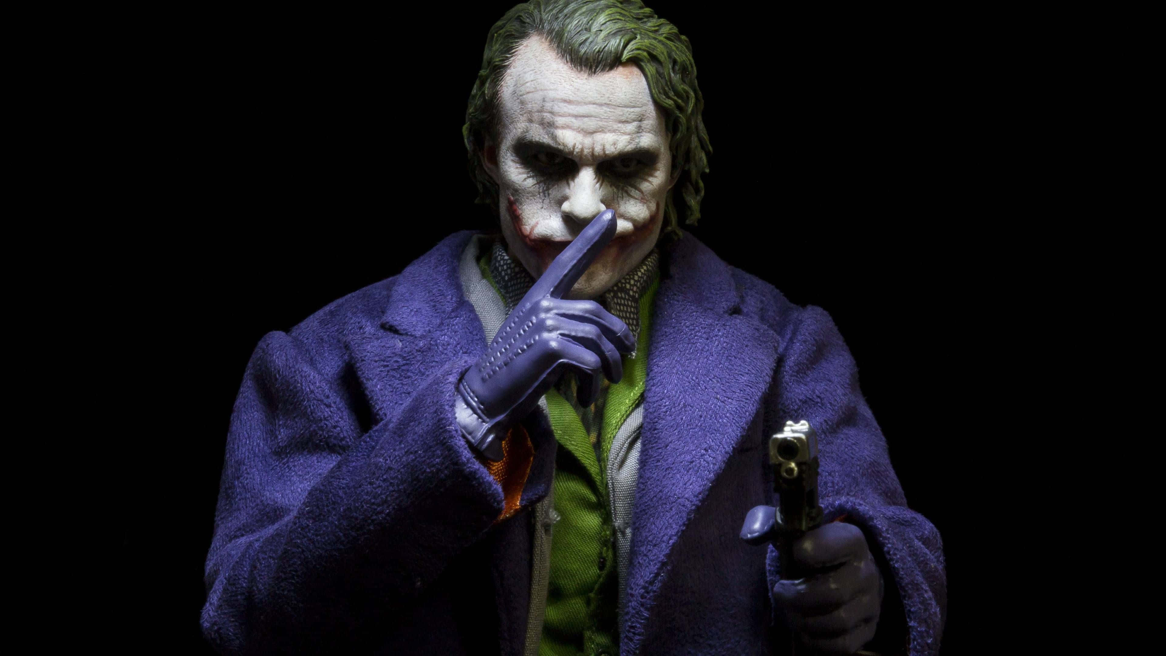 Evil Joker 桌布 壁紙 — 一個穿著紫色外套、帶有威脅性的小丑人偶，在黑色背景前拿著槍並將手指放在嘴唇上。