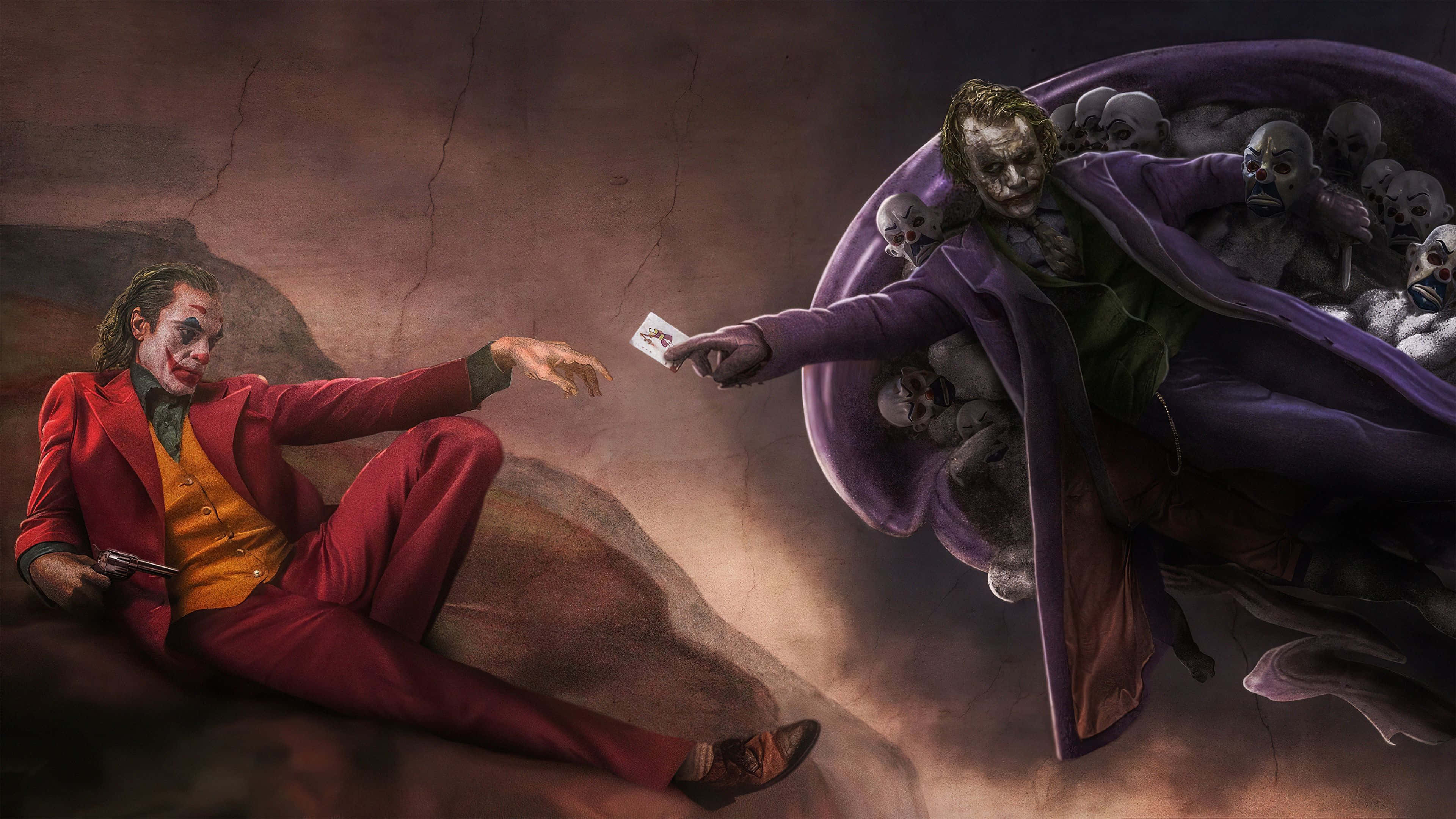 Joker Painting 桌布 壁紙 — 一個穿著紫色外套、帶有骷髏頭的威脅性小丑，向一個坐在紅色西裝裡的小丑伸出一張牌，背景是龜裂的大地。