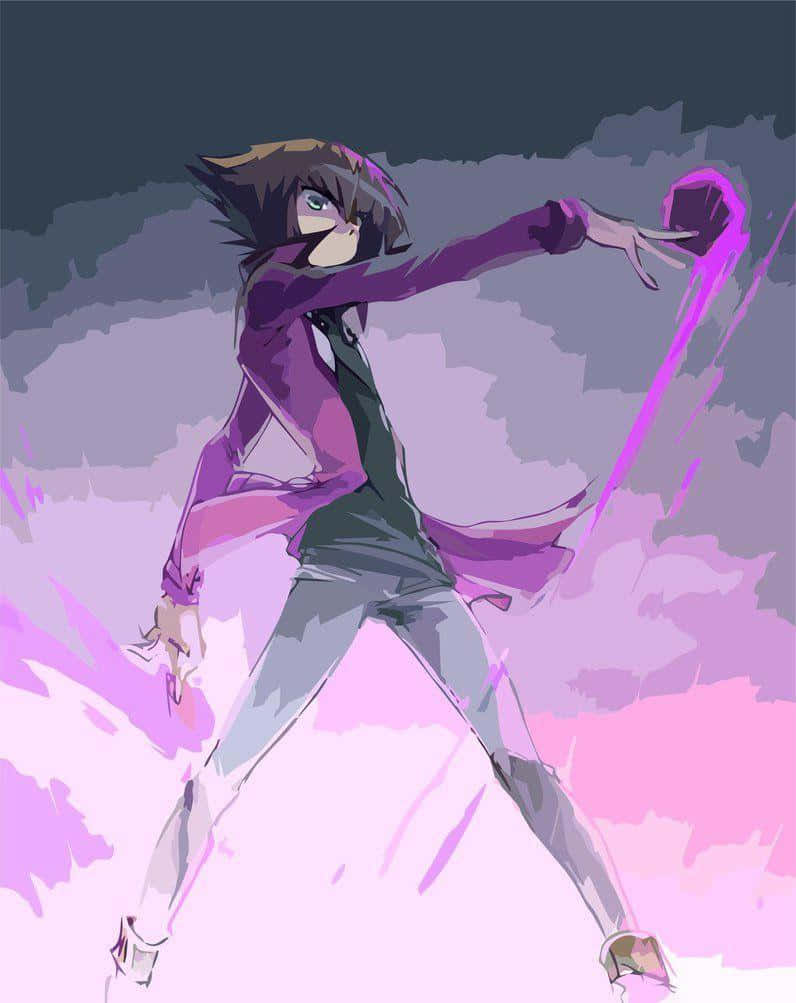 Jaden Yuki 桌布 壁紙 — 一個穿著紫色外套的動漫角色，在風暴般的粉紅色和灰色天空中引導發光的紫色能量。