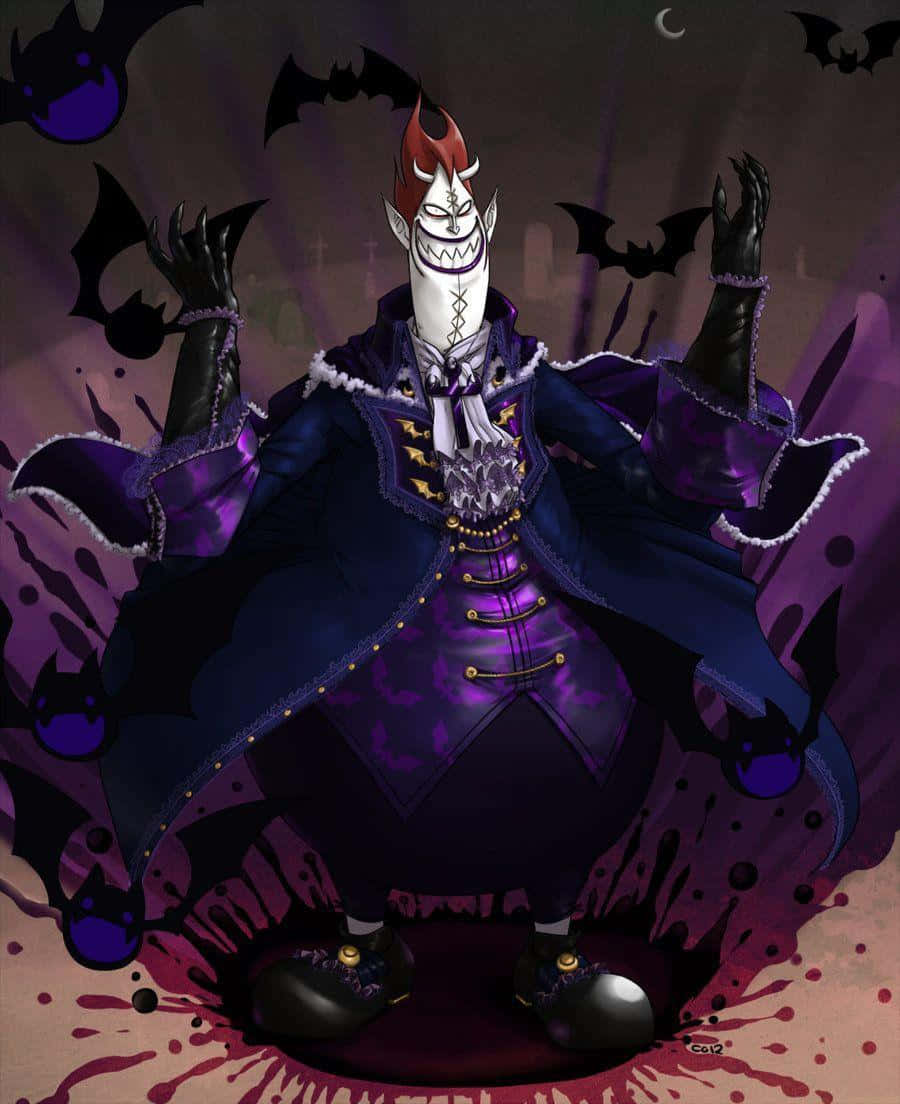 gecko moria 桌布 壁紙 — 一個穿著紫色斗篷的威嚇性動漫吸血鬼領主，站在新月下飛舞的蝙蝠之中。