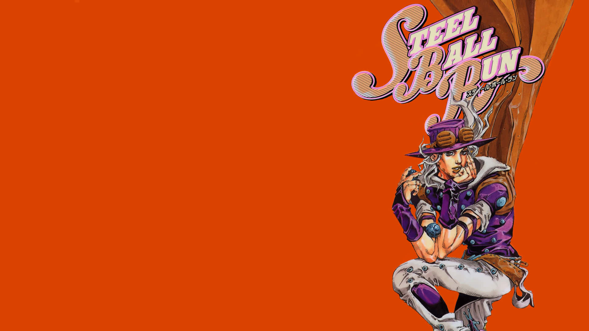 Jojo Steel Ball Run 桌布 壁紙 — 一個穿著紫色服裝的動態動漫角色在帶有 'Steel Ball Run' 標誌的醒目橙色背景上蹲下。