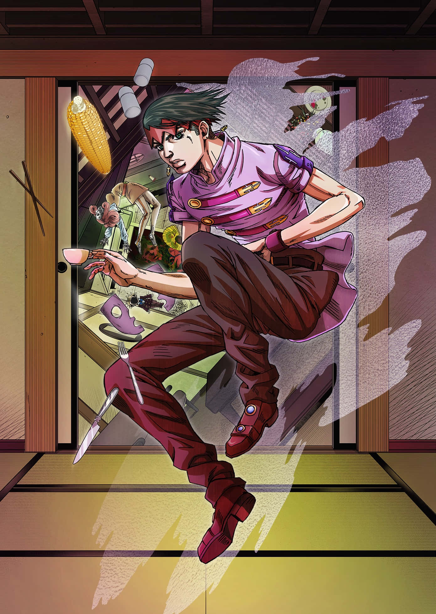 Rohan Kishibe 桌布 壁紙 — 一個穿著紫色服裝的動態動漫角色跳過門口，伴隨著漂浮物體和幽靈般的光環。