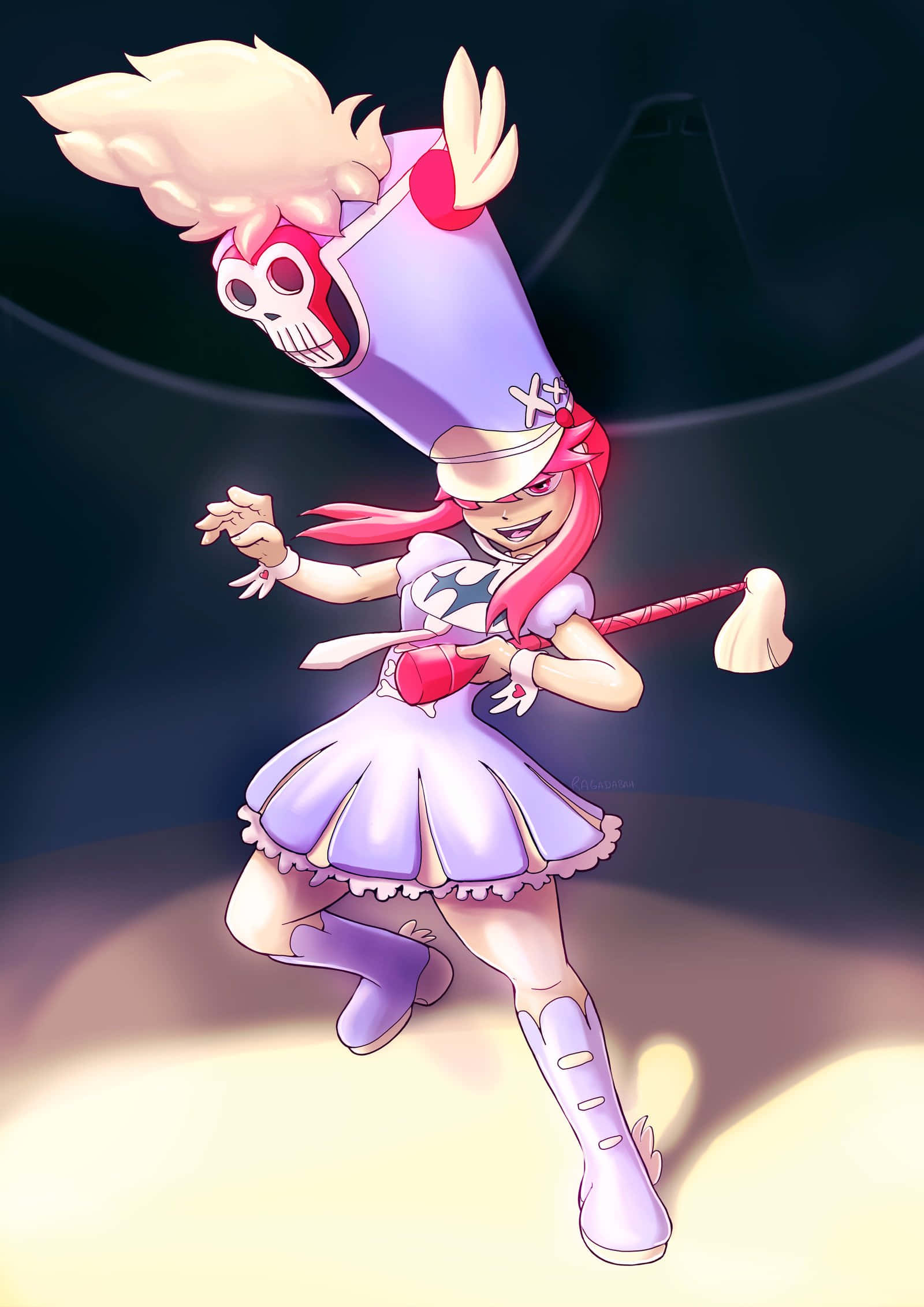 Nonon Jakuzure 桌布 壁紙 — 一個穿著紫色水手服和骷髏帽的開朗動漫女孩在聚光燈下充滿活力地跳舞。