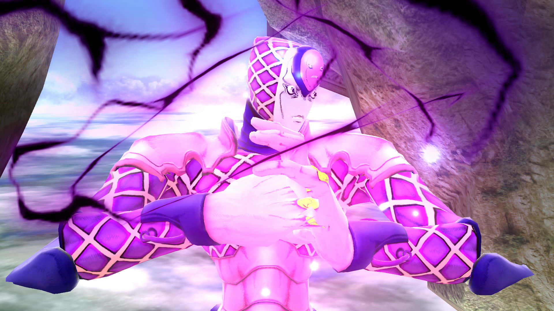 Jojo King Crimson 桌布 壁紙 — 一個穿著紫色盔甲的動漫角色，周圍空氣中有發光的裂縫，站在一個岩石洞穴中。