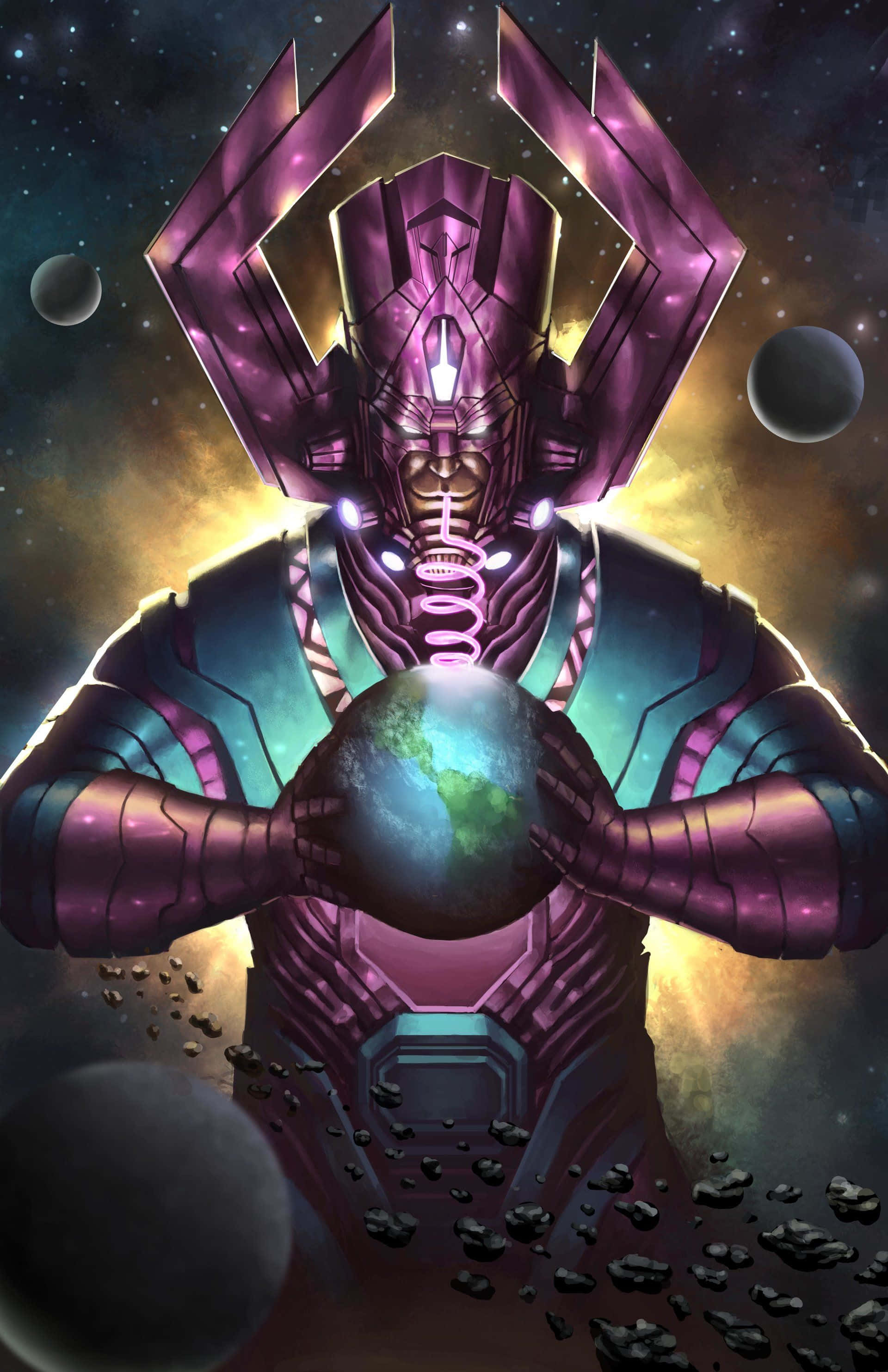 Galactus 桌布 壁紙 — 一個穿著紫色盔甲的宇宙實體，在漂浮的小行星和遙遠的衛星之間，手持一顆發光的行星，背景是星光閃爍的星雲。