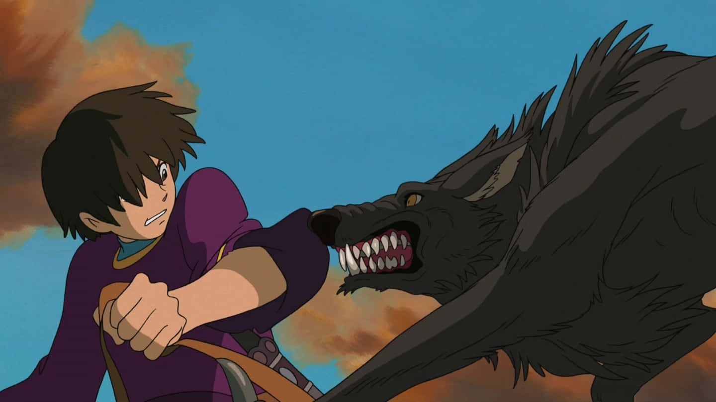 Tales From Earthsea 桌布 壁紙 — 一個穿著紫色襯衫的年輕男孩，在戲劇性的橙色和藍色天空下，與一隻咆哮的黑狼搏鬥。