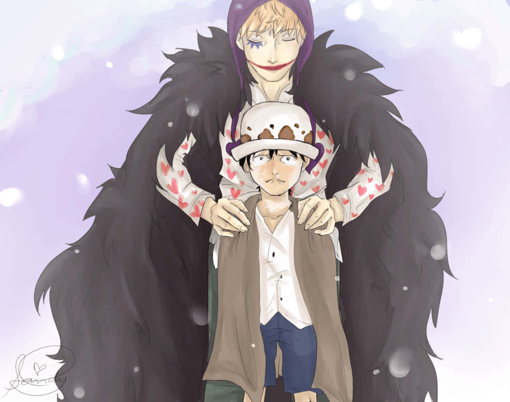 Donquixote Family 桌布 壁紙 — 一個穿著紫色連帽衫和黑色毛皮大衣的開朗動漫角色，在柔和的紫色雪景背景下擁抱一個戴草帽的男孩。