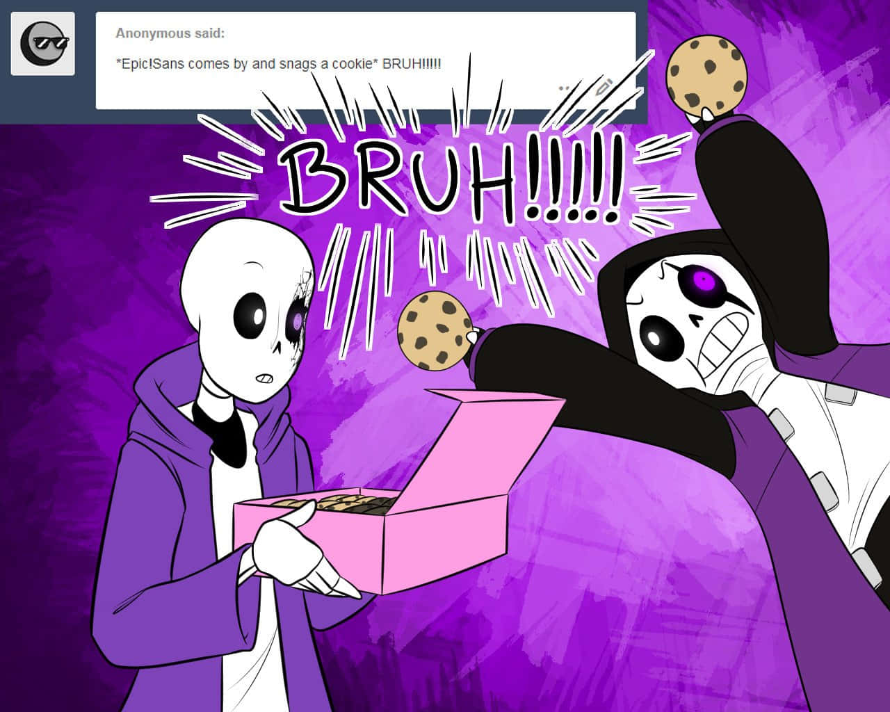 sans 桌布 壁紙 — 一個穿著紫色連帽衫的卡通骷髏，當另一個骷髏從一個粉紅色盒子裡偷走一塊餅乾時，在充滿活力的紫色背景下震驚地做出反應。