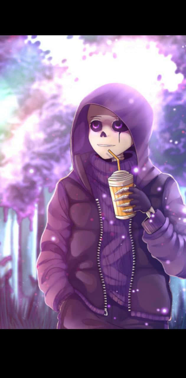 sans 桌布 壁紙 — 一個穿著紫色連帽衫的骷髏動漫角色，在發光的宇宙背景下啜飲飲料。