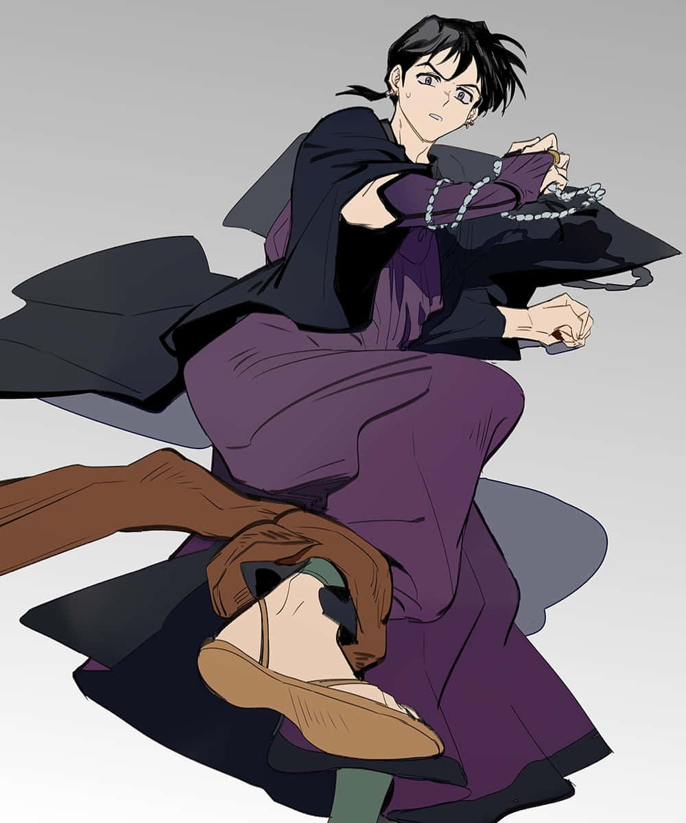 Miroku 桌布 壁紙 — 一個穿著紫色長袍的動漫角色，在純灰色背景前，將一條鏈條懸在一個倒下的角色上方。