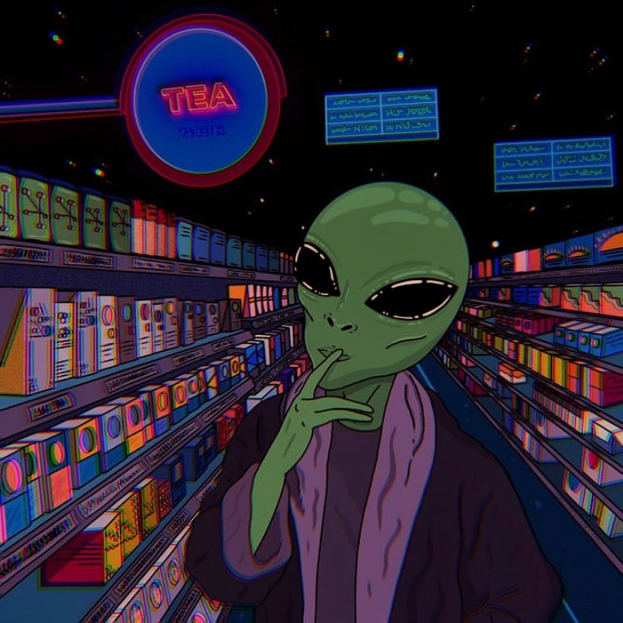 外星人 桌布 壁紙 — 一個穿著紫色長袍的綠色外星人在星空下，於霓虹燈照亮的宇宙雜貨店通道中思考選擇。